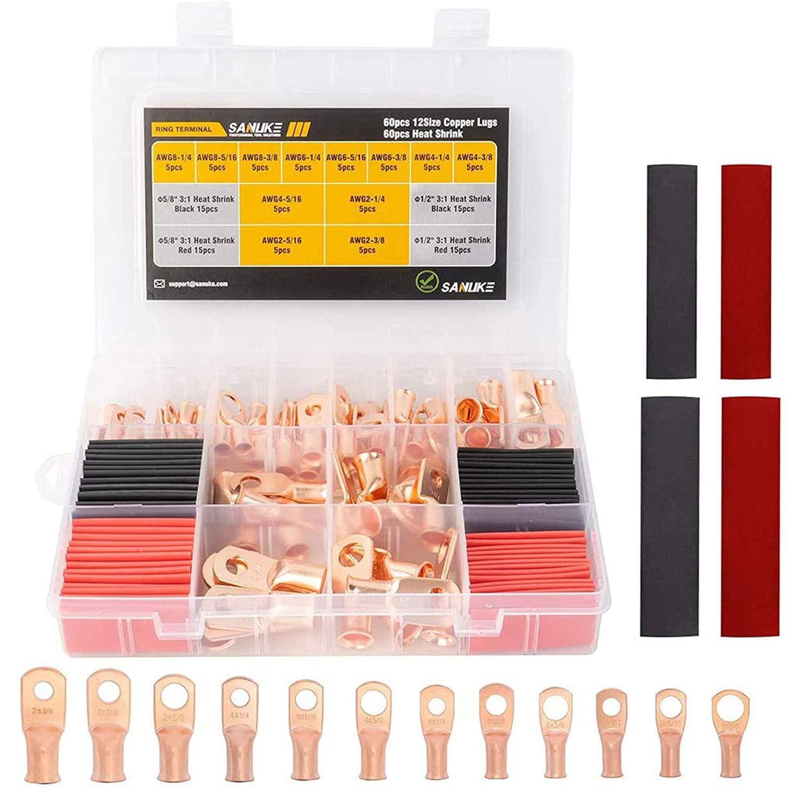 Sanuke 120Pcs AWG 8 6 4 2 Copper Wire Lugs with Heat Shrink Set, 60Pcs Heavy Duty Battery Cable Closed End Tubular Ring Terminals Connectors with 60Pcs Heat Shrink Tubing