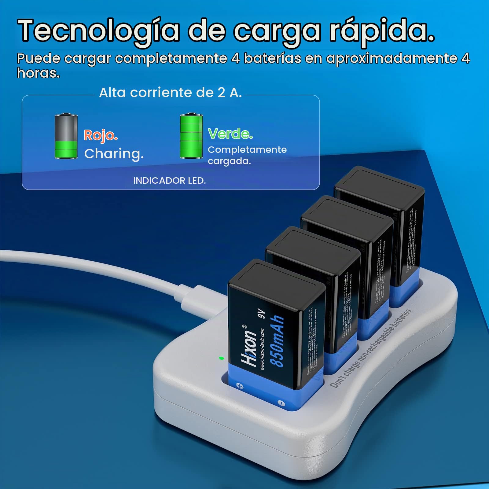 Kit Cargador y Batería 9V 850mAh Recargable Li-Ion para Sistema de Alarma Multímetro Detector de Humo