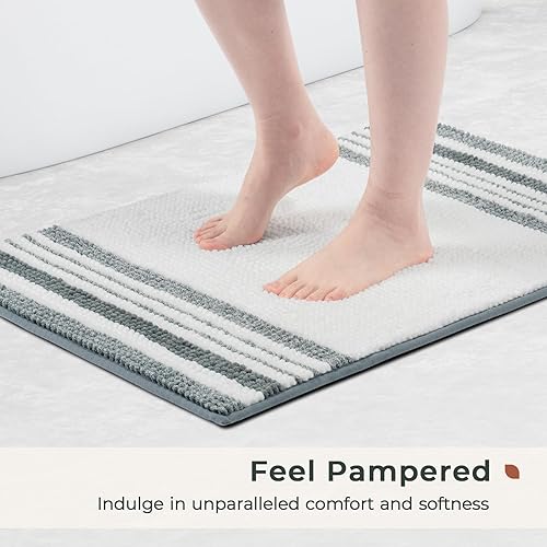 Miniatura 3 de FRESHMINT Juego de alfombras de baño de chenilla a rayas de 2 piezas 17"x24"+20"x47", alfombras de baño grandes para suelo de baño antideslizantes,