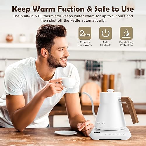Miniatura 4 de ECORELAX Hervidor eléctrico de cuello de cisne, control de temperatura de 1 para café, té y agua, acero inoxidable 1200 W mantiene el calor,