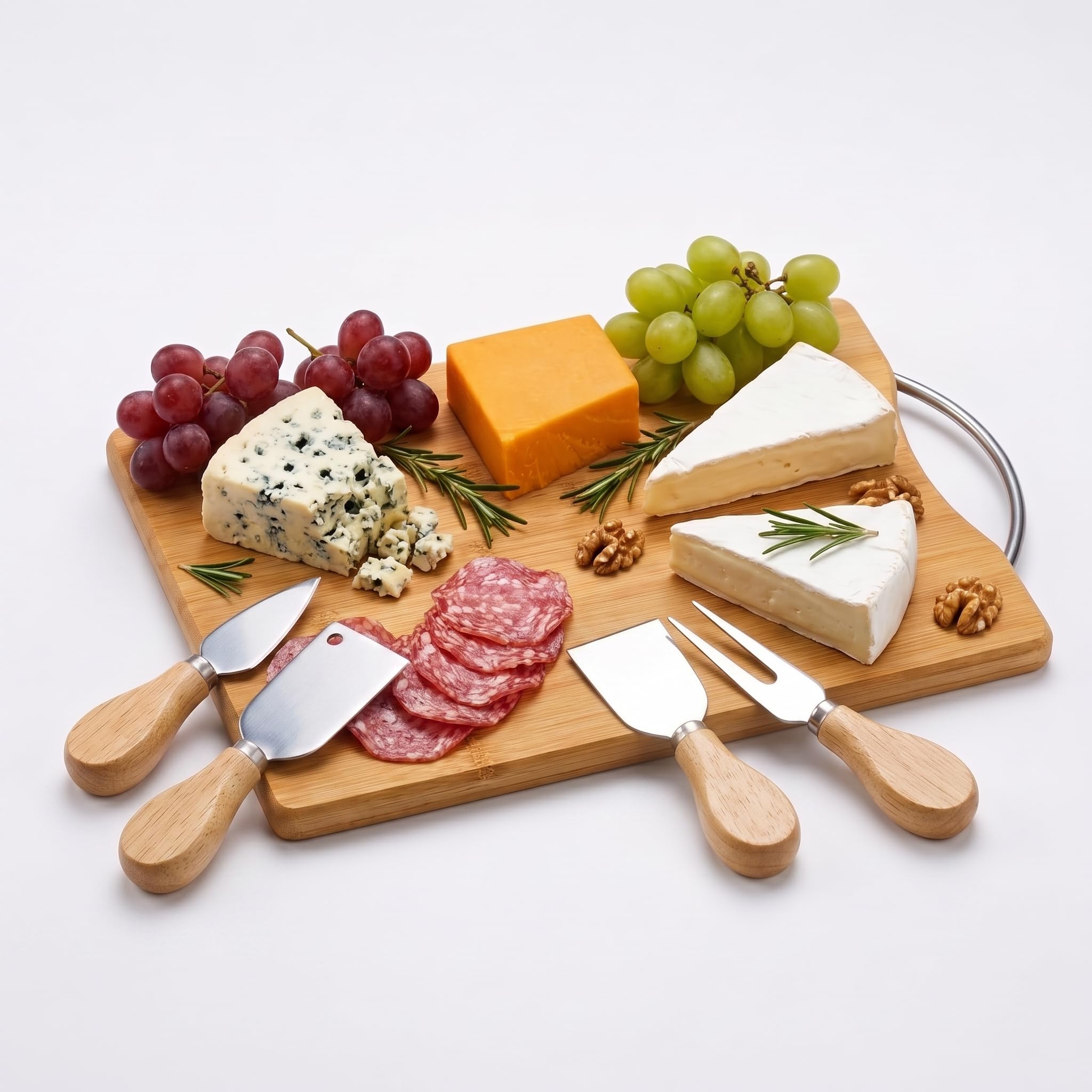 Tábua De Queijos E Frios De Bambu Kit 5 Peças Com 4 Facas Utensílios Inox Conjunto Para