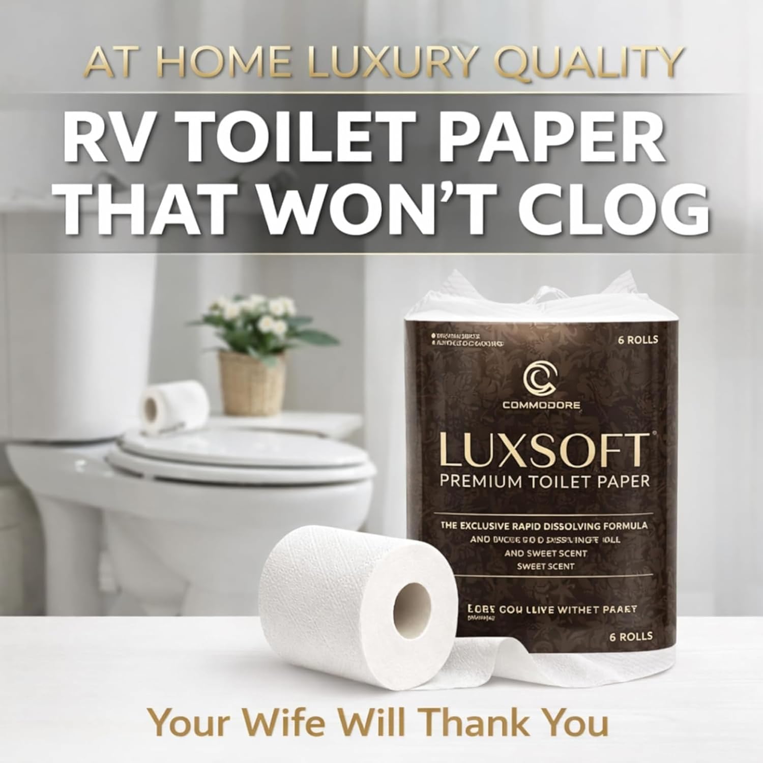 COMMODORE LUXSOFT Deluxe RV Toilet Paper (2 Pack | 12 Rolls) - 3 Ply Premium Soft Quick Dissolving Septic Safe Marine 300 Sheets/Roll Boat Camper Bath Tissue Luxury Absorbent Comfort White