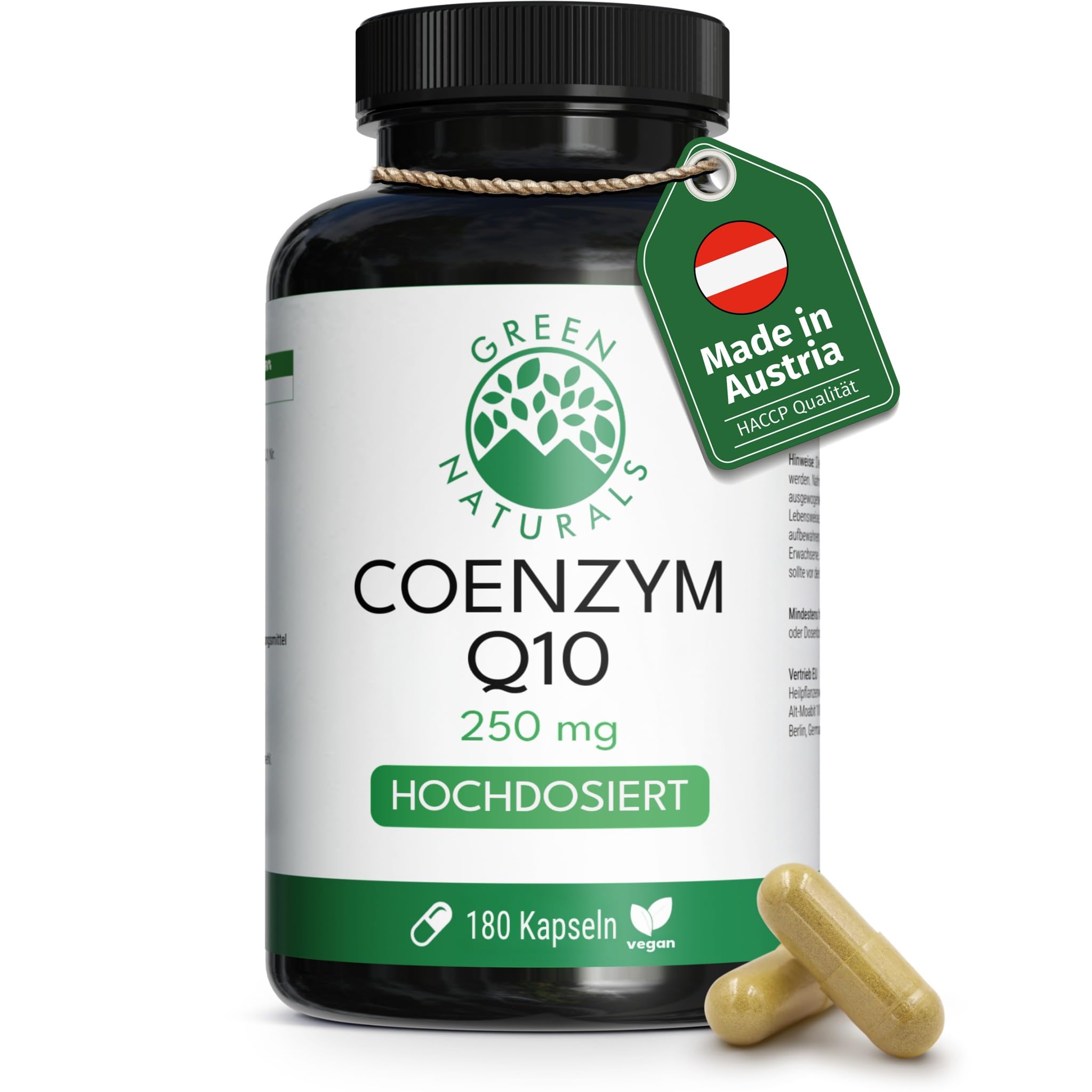 Green Naturals Coenzym Q10 – Hochdosiert: 250 mg – 180 Kapseln | Aus Fermentation gewonnen · 6-Monatsvorrat