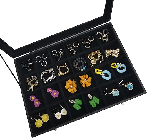 Miniatura 7 de Joyero de 24 rejillas extraíbles para aretes y anillos, caja organizadora con tapa transparente para mujeres y esposas (negro)