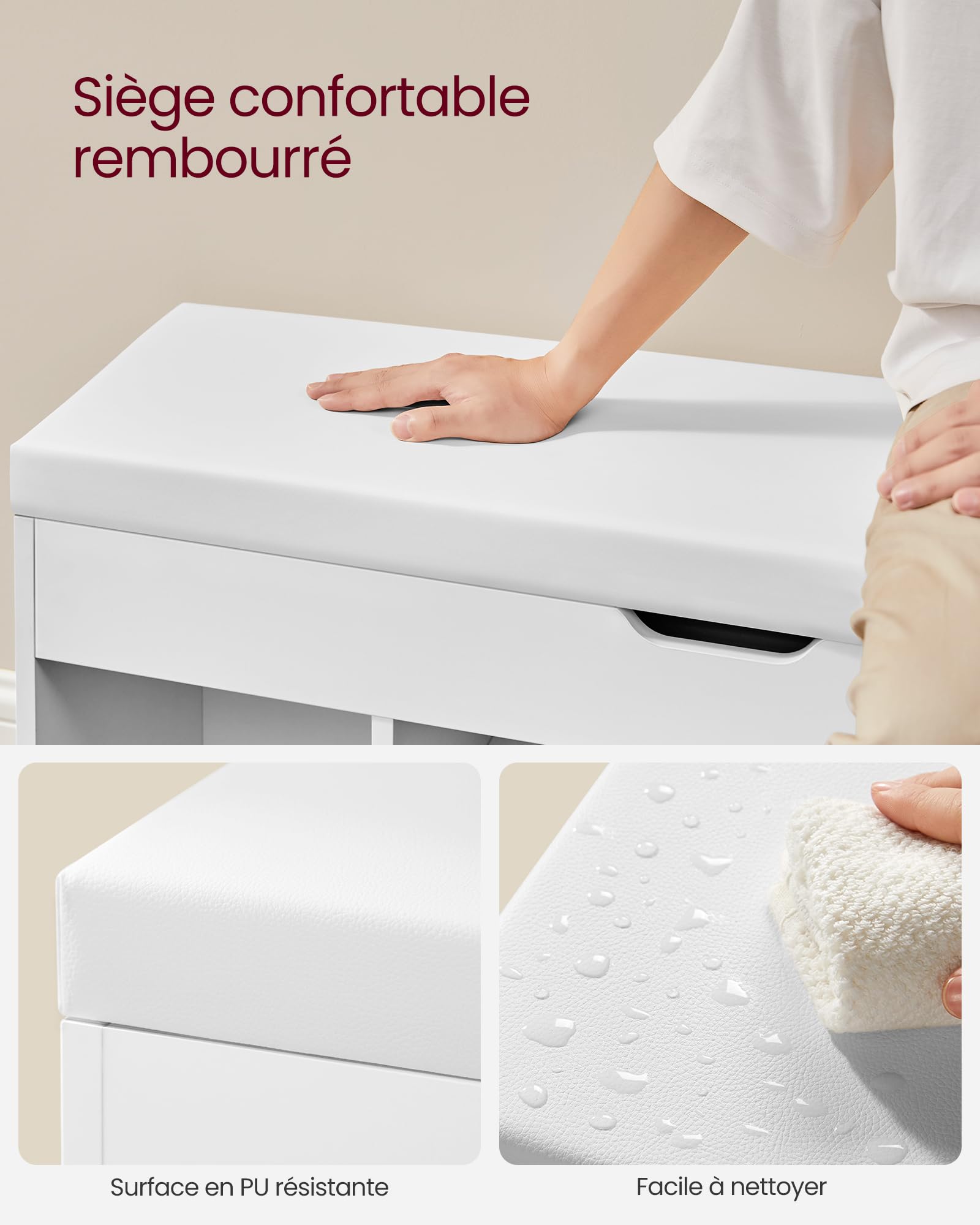 VASAGGLE Banc à Chaussures Rembourré 3 Compartiments Marron Rustique - Rangement Entrée