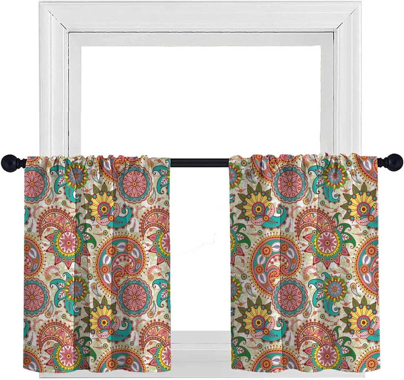 Boho Short Curtains, Blackout Insulated Curtain for Kitchen Bathroom Bedroom, Bohemian Floral Pattern Rod Pocket Fabric Window Treatments 2 Panel Set, 30" W x 24" L, Yellow Cyan