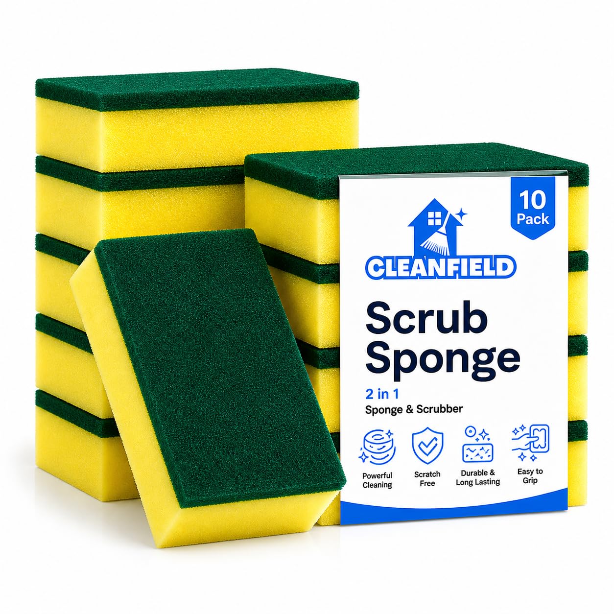 CLEANFIELD 2 in 1 Scrub Sponge for Kitchen Cleaning | Heavy Duty Scrubber with Absorbent Cellulose Sponge Side | Scratch Free Multi-Purpose Cleaning Sponge (Pack of 10)-image-27