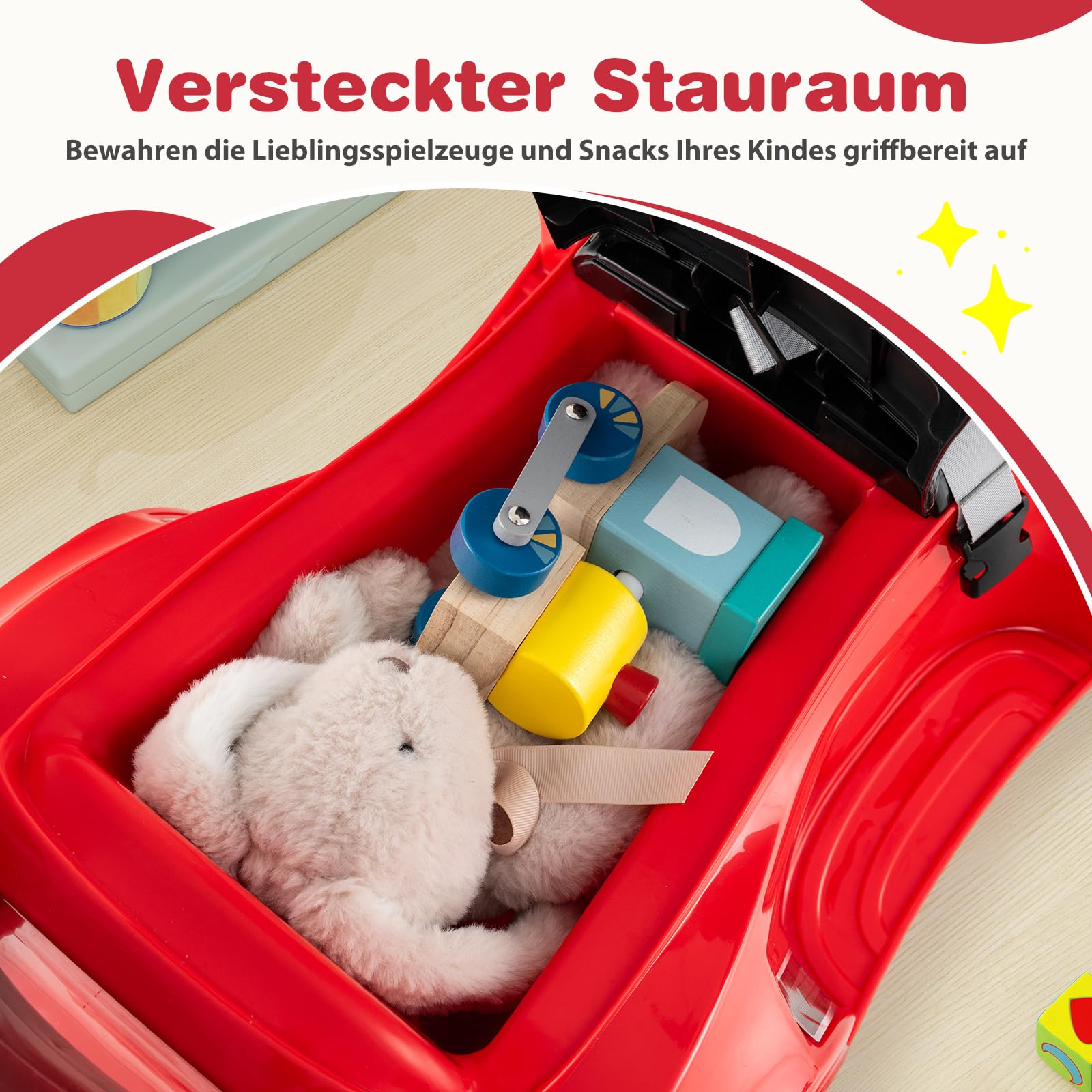 COSTWAY 3-in-1 Rutschauto mit Schiebestange, Rutschfahrzeug mit Hupe, Musik, Licht & Sicherheitsgurt, Schiebauto mit Stauraum, abnehmbarem Schutzbügel, Rutscher Auto für Kinder ab 1 Jahr (Rot)