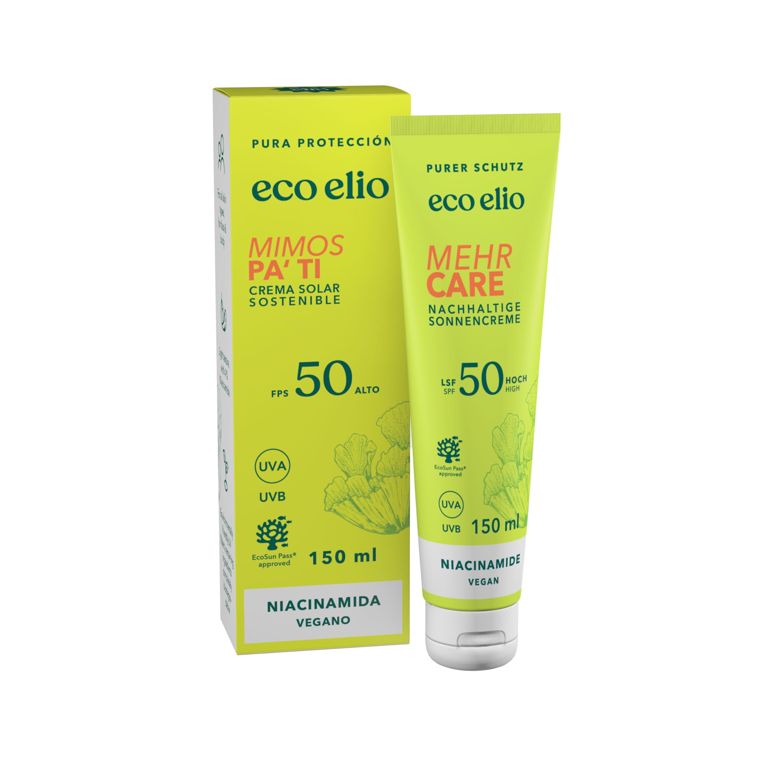 eco elio SPF 50 crema solar sostenible 150ml "Mimos pa‘ti" I Crema solar sin octocrileno ni microplásticos I Crema solar facial y corporal crema solar para la cara 50 I sin cosméticos ni perfume