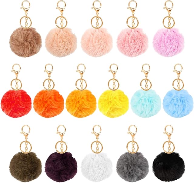 Iyowei 16 PCS Pom Poms Keychains, Plush Fluffy Faux Rabbit Fur Pompoms Keyring Ball Colorful pompom keychain for Women Girls Car Key Handbag Pendant