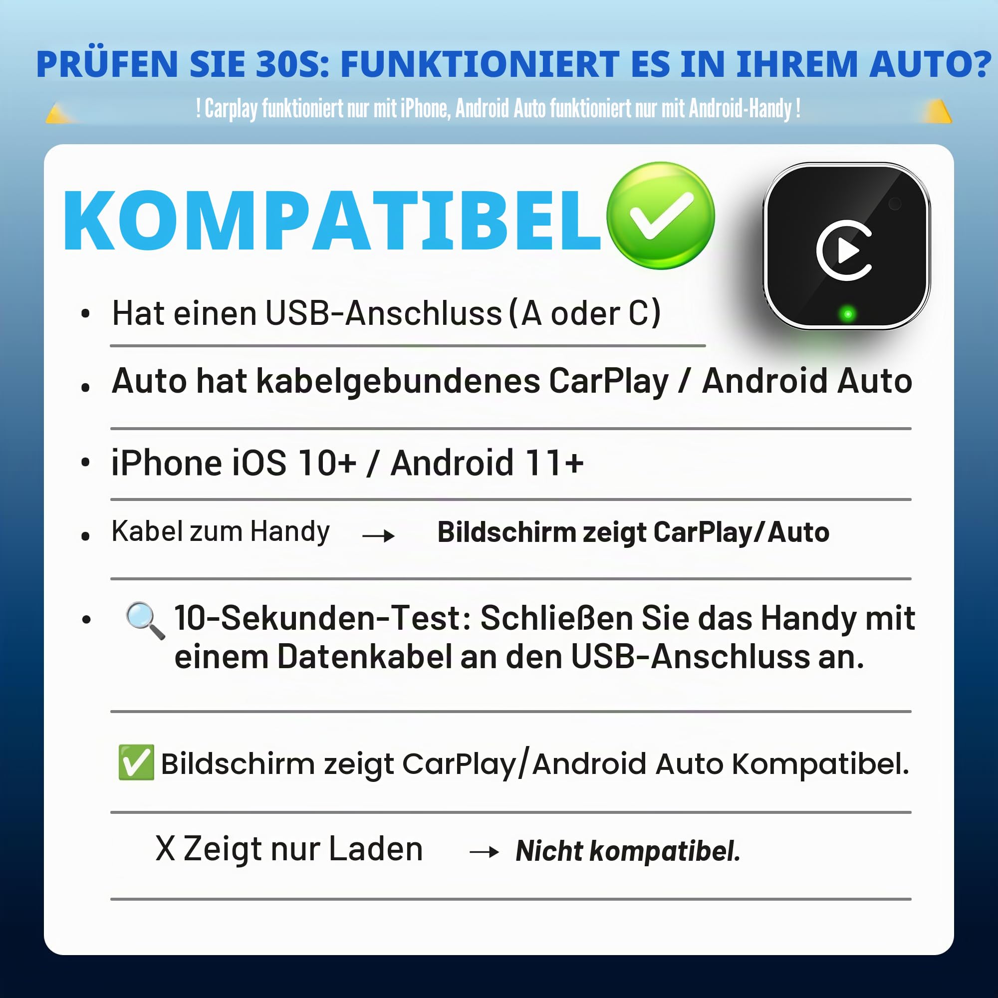 2026 Update 2-IN-1 Wireless CarPlay & Android Auto Adapter, Kabelloses CarPlay für iPhone & Android, Plug & Play, 5GHz No Delay, Auto Connect, USB-A & USB-C, für CarPlay-Fahrzeuge ab 2016