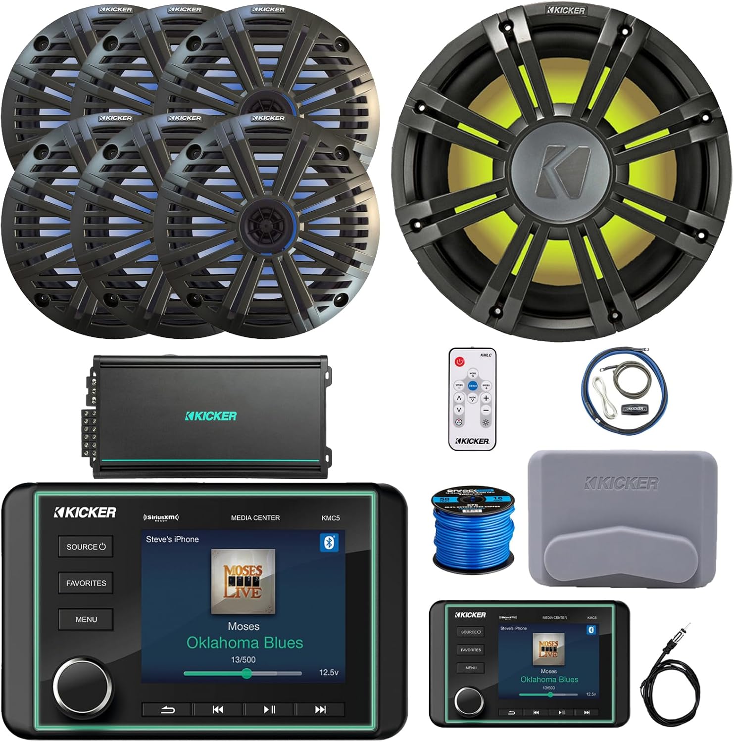 Kicker KMC5 Marine Bluetooth USB/AUX AM/FM Gauge Style Receiver W/Controller, 6X 6.5 RGB LED Speakers W/Charcoal Grilles + LED Controller, Subwoofer W/Charcoal Grille, Amplifier W/Kit, Antenna, Wire