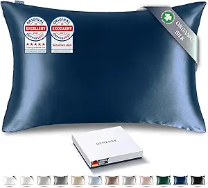 Premium Silk Pillowcase 100% Organic Mulberry Silk, 22 Momme, Grade 6A - Oeko-Tex Certified in Germany - Luxury for Hair & Skin, 1 Piece (Queen Size 20x30 Inches, Navy Blue)