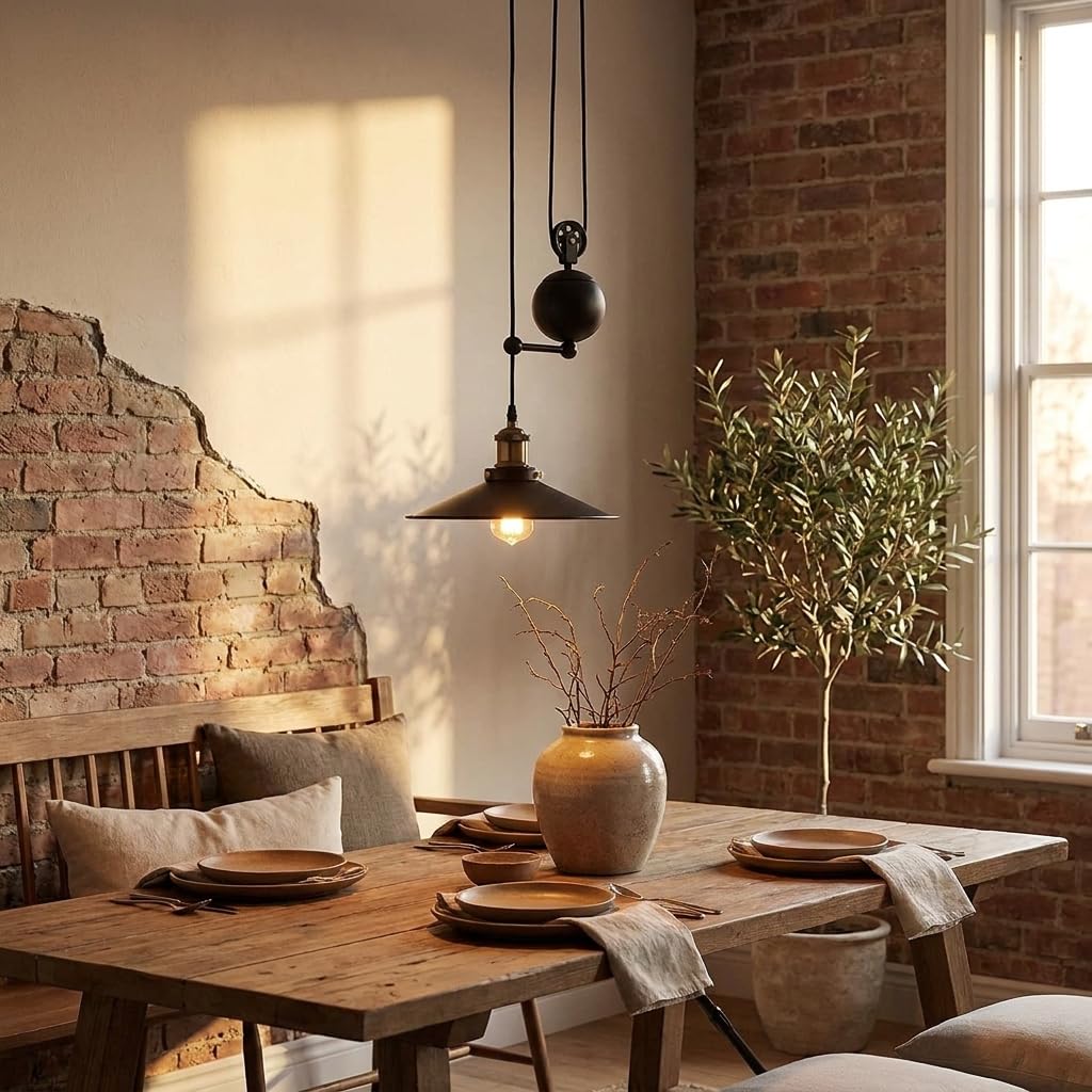 BARCELONA LED Industrielle Pendelleuchte CLOCK WORK mit Seilzug, Höhenverstellbare Vintage Hängelampe E27 bis 40W, Schwarze Metall Deckenlampe im Retro Stil für Esszimmer, Küche