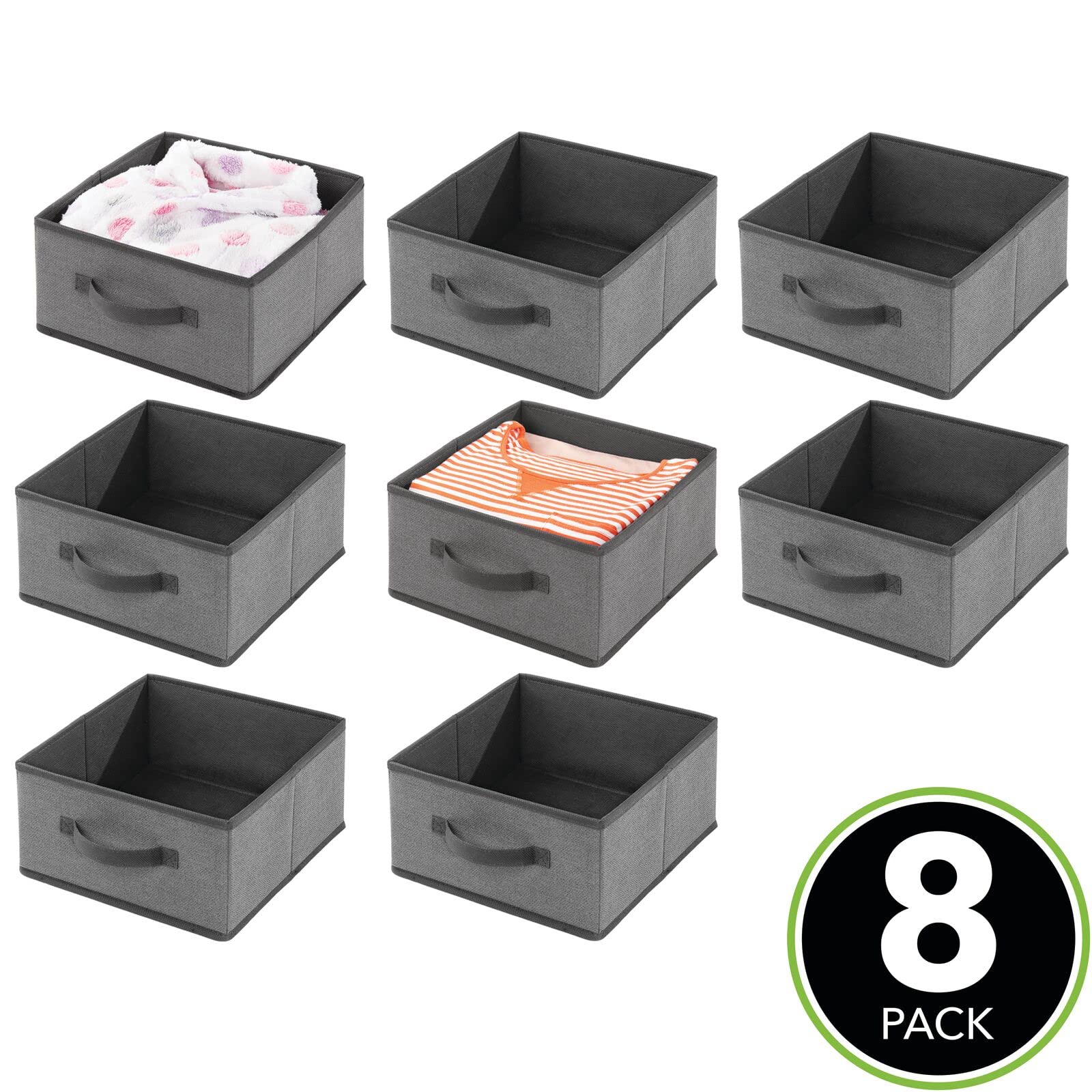 mDesign Soft Fabric Closet Organizer Box with Front Pull Handle for Shelves in Bedroom, Bathroom, Home Office - Holds Clothing, Linens, Accessories - Lido Collection - 8 Pack - Charcoal Gray/Black