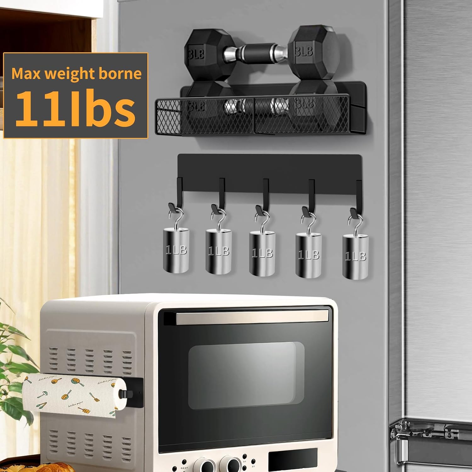 Kmise 7pcs Black Strong Magnetic Spice Rack Organizer for Fridge, Metal Hanging Spice Rack Magnetic Shelf, Fridge Shelve with Strong Magnets including Paper Towel Holder, Kitchenware Holder, Hook Rack