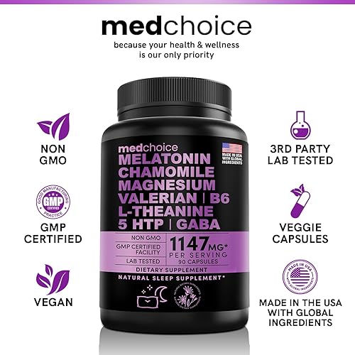 Miniatura 7 de MEDCHOICE Melatonina 10 en 1 6 mg ayuda natural para dormir, suplemento para dormir con L teanina, 5 HTP, GABA, raíz de valeriana, manzanilla,