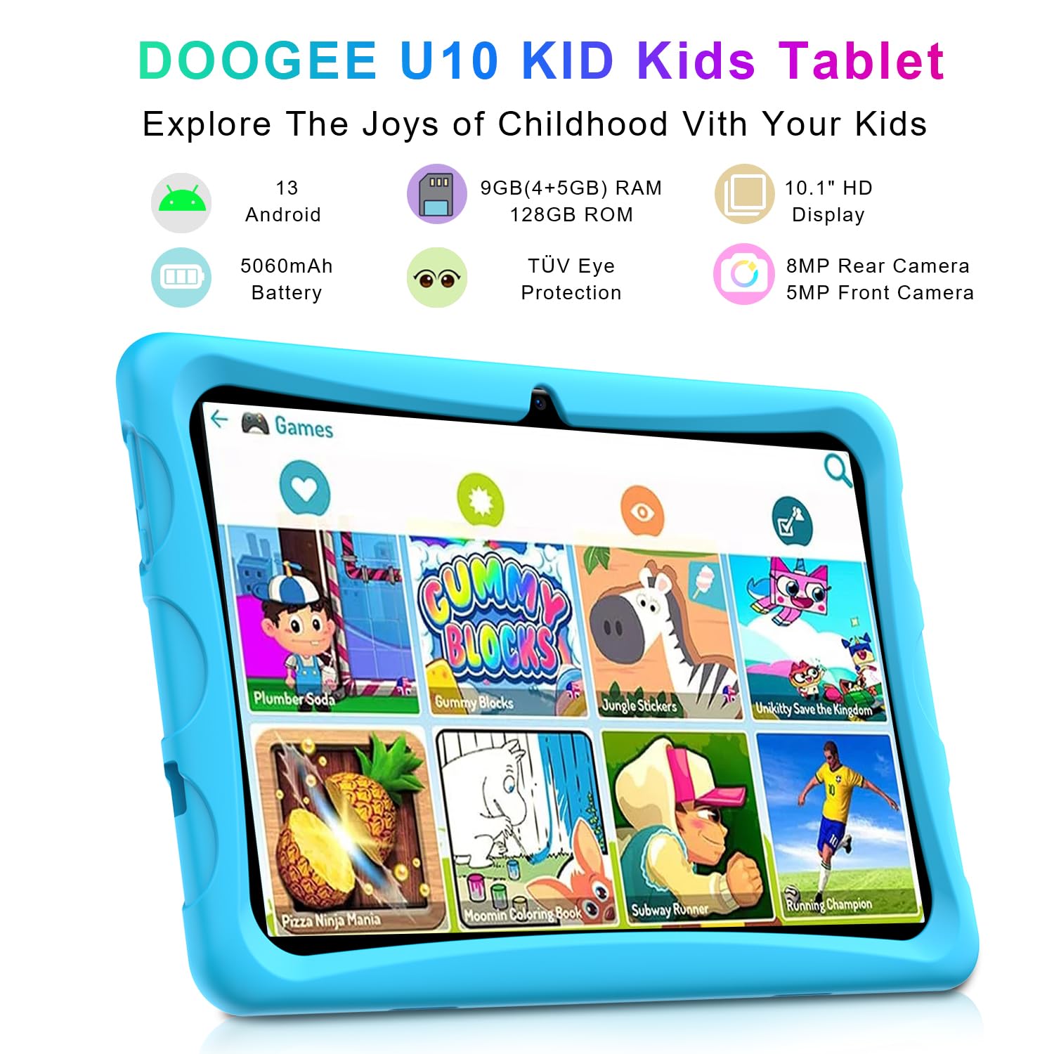 U10 Kid Tablet 10 Pollici, 9GB+128GB/1TB Tablet Bambini, 5MP+8MP, Tablet Android 13, Wi-Fi 6/BT5.0/TUV/DRM L1, Tablet con Controllo Parentale, Software Didattico per Bambini Preinstallato