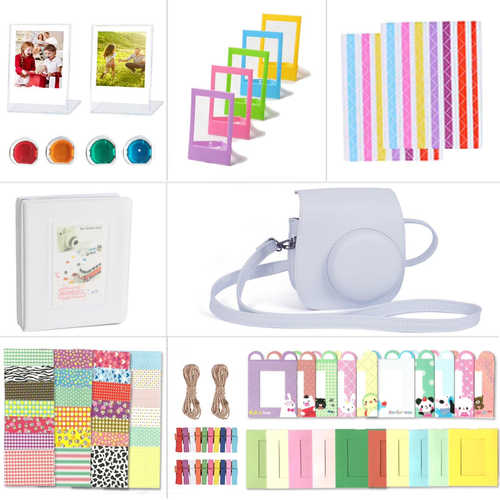 Instant Mini 12 akcesoriów kompatybilnych z aparatem Fujifilm Instax Mini 12, w tym etui na mini 12, album, filtry, ramki ścienne, ramki filmowe, naklejki graniczne, naklejki narożne (gliniana
