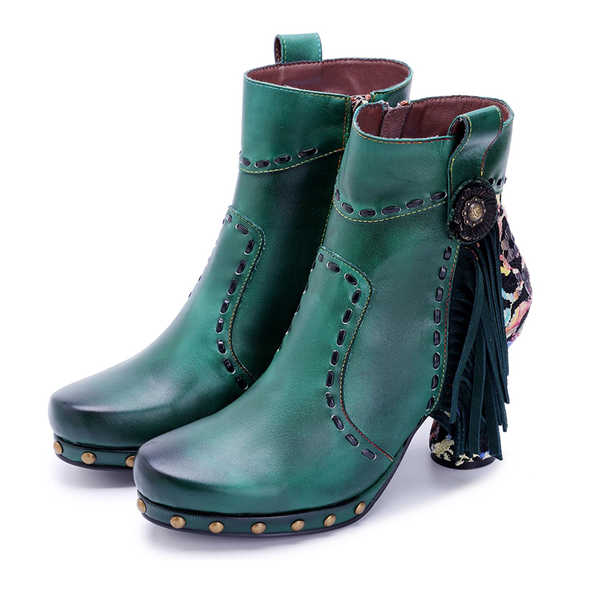 Women's Handmade Retro Lambskin High Heel Boots, Colorful Painting, Metallic Style - Fashion, Comfortable, Durable, Unique Minority Style