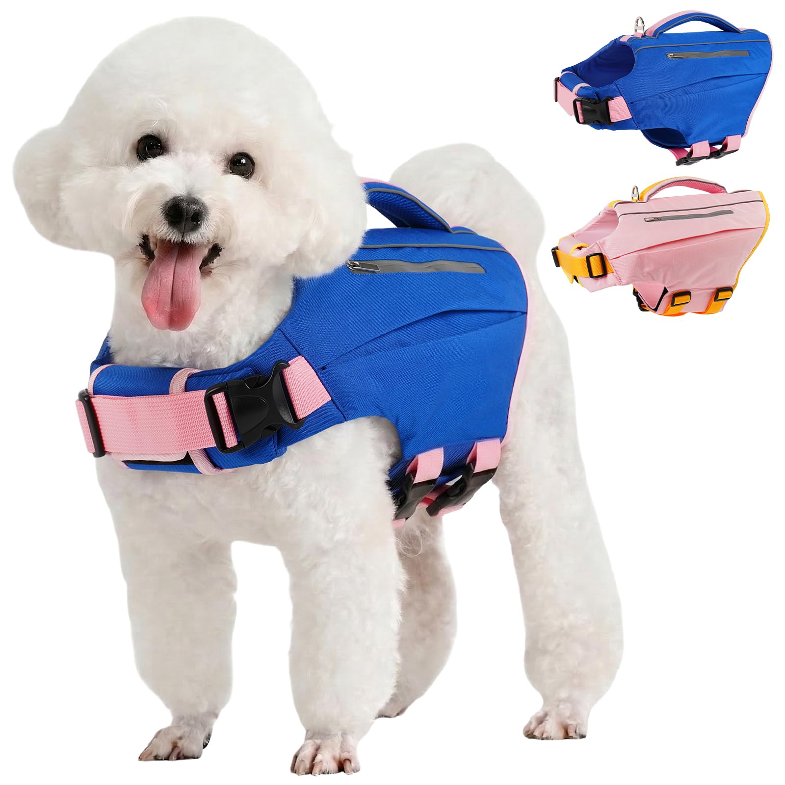 Kuoser Dog Life Jackets, Adjustable Float Aid with Handle, High Flotation Dog Life Safety Vest for Water Activities & Paddleboarding, Blue S