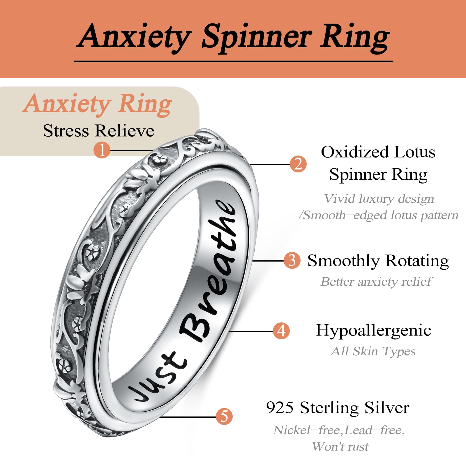 Ladytree Anillo giratorio de plata de ley 925 para aliviar la ansiedad, aliviar el estrés, el aburrimiento, TDAH, autismo, anillo chapado en platino, regalo de cumpleaños para mujeres y hombres