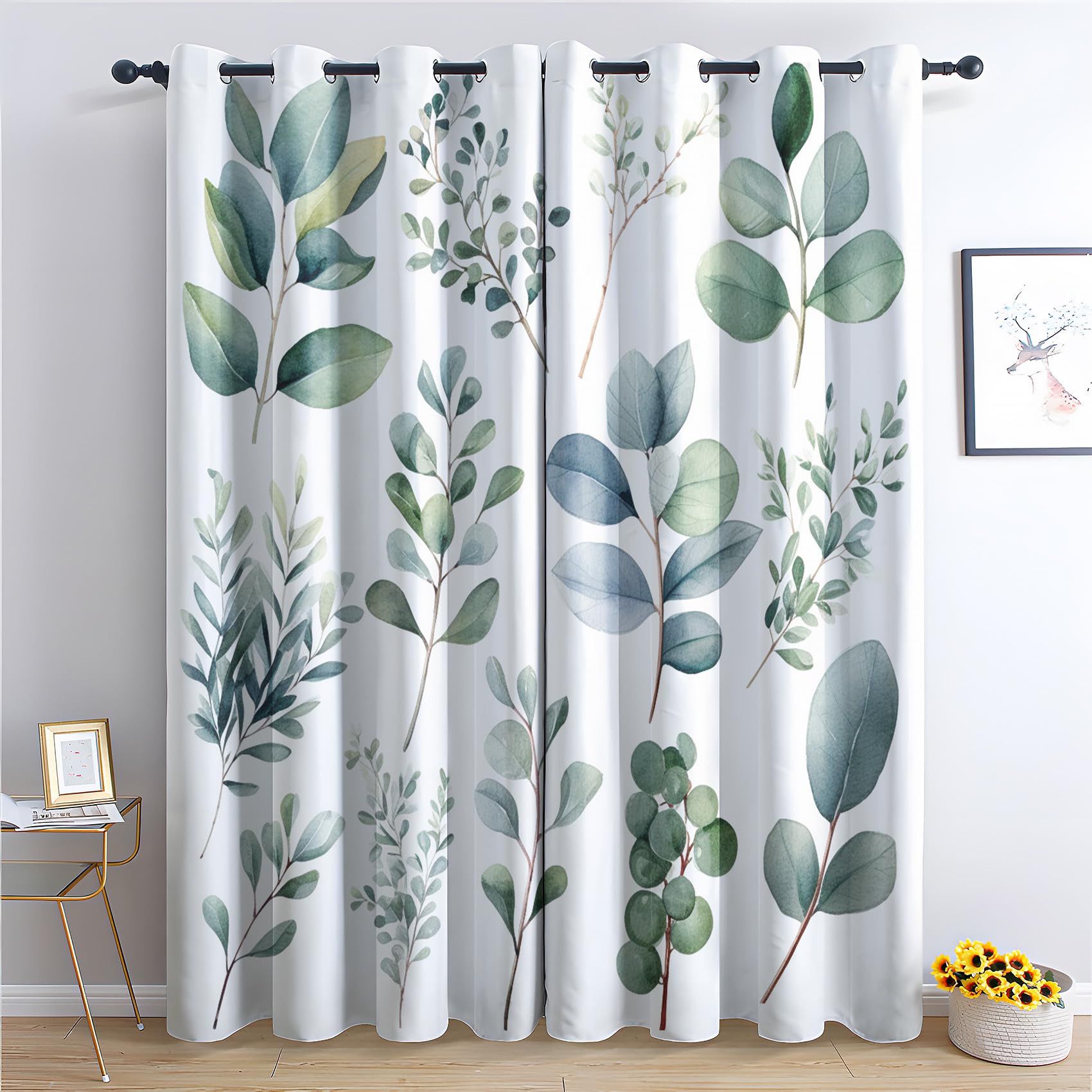 QEODAH Eucalyptus Leaves Blackout Curtains for Bedroom - Botanical Green Leaf Plant Living Room Curtains 90x90 Eyelet - Soft Thermal Insulated Patterned Drapes for Windows - 2 Panels