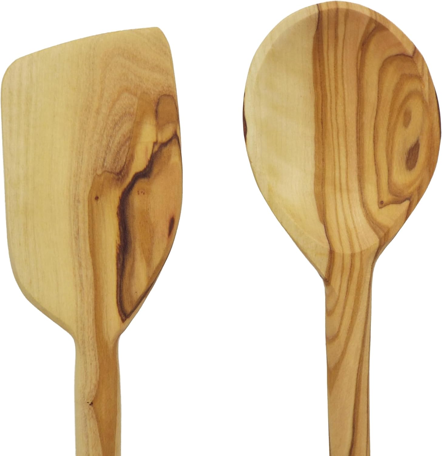 Olive Wood Cooking Utensil Set, 2-Piece Handmade Wooden Spoon & Flat Spatula (14"), Heat Resistant & Safe for Nonstick Cookware