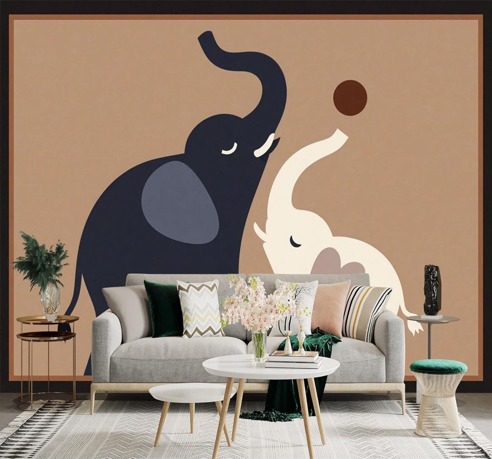Xlming 400Cm×280Cm(B×H) Minimalist Elephant Sun Art Warm Beige 3D Wallpaper Silky Texture Home Study Office Grey Dining Room Sofa Bedroom Living Room Tv Backdrop-400Cm×280Cm