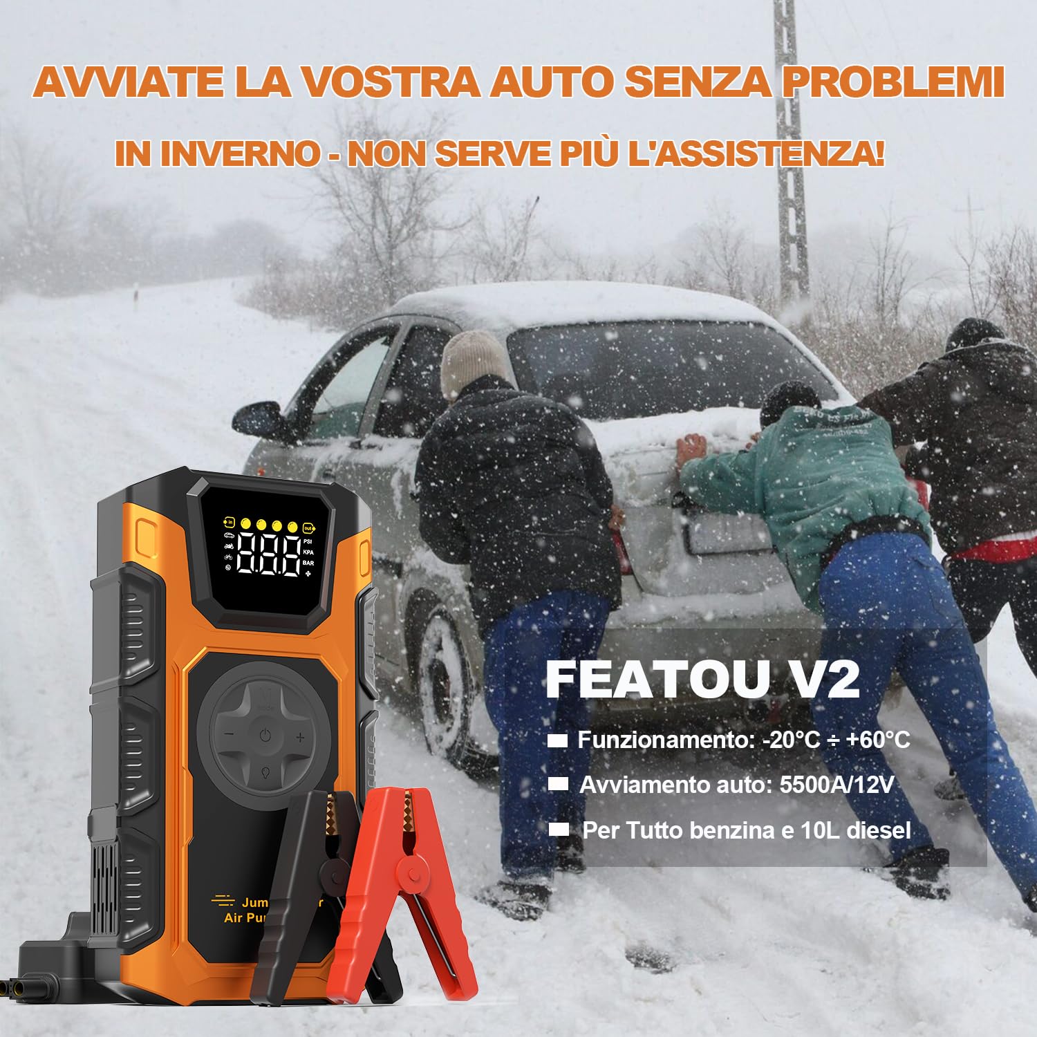 Booster Avviamento Auto con Aria Compressore, 5500A Avviatore Emergenza per Auto(Tutti Gas&10L Diesel), 12 Volt Professionale Starter Batteria Moto Portatile Carica Avviatore Batteria con Torcia, LED