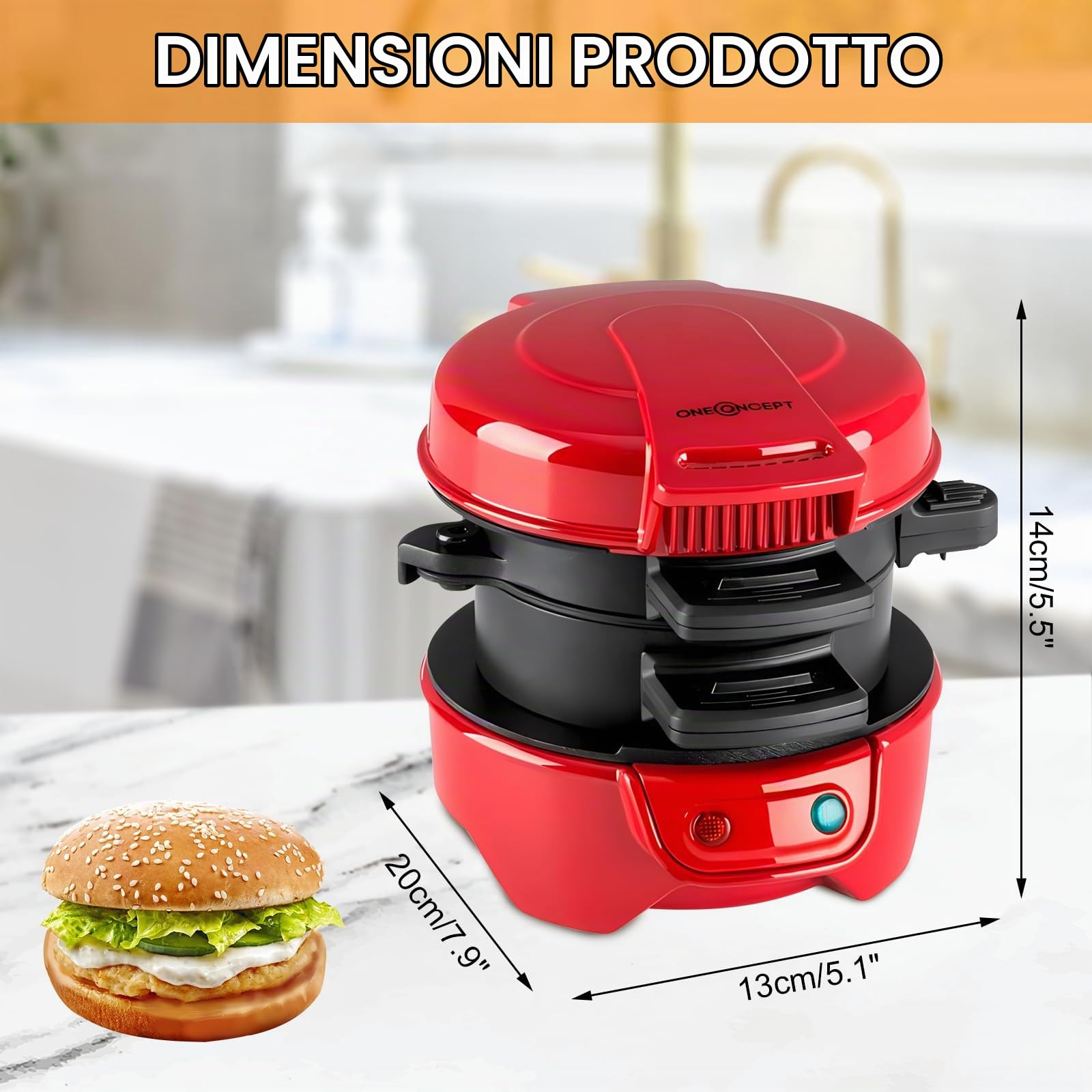 Tostapane Sandwich/Hamburger Maker, Tostapane con anello | omelette, 600 W Burger Maker con rivestimento antiaderente, Macchina Per Panini Per la Colazione Per Hamburger, Snack (Red)