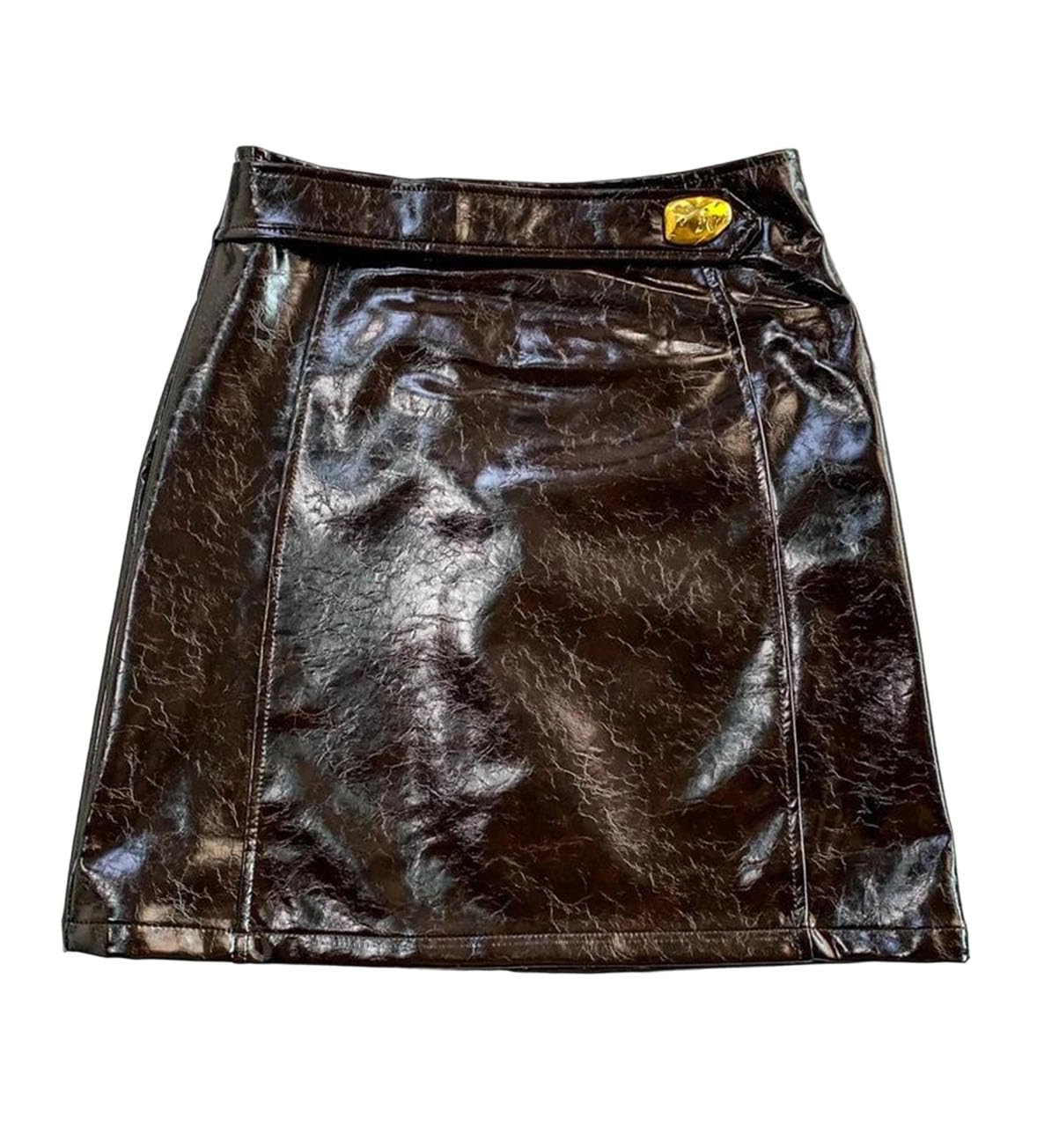 Womens Vintage High Waist PU Leather Mini Skirt with Metal Button Zipper Spicy Trendy Edgy Design