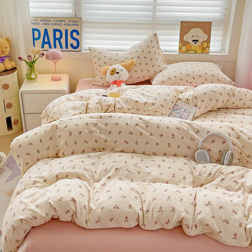 Nyescasa Pink Floral Duvet Cover Double Beige Pink Flowers Meadow Bedding Set Kids Girls Kawaii Botanical Washed Microfibre Comforter Cover 200x200 cm with Zipper Closure and 2 Pillowcases 50x75 cm