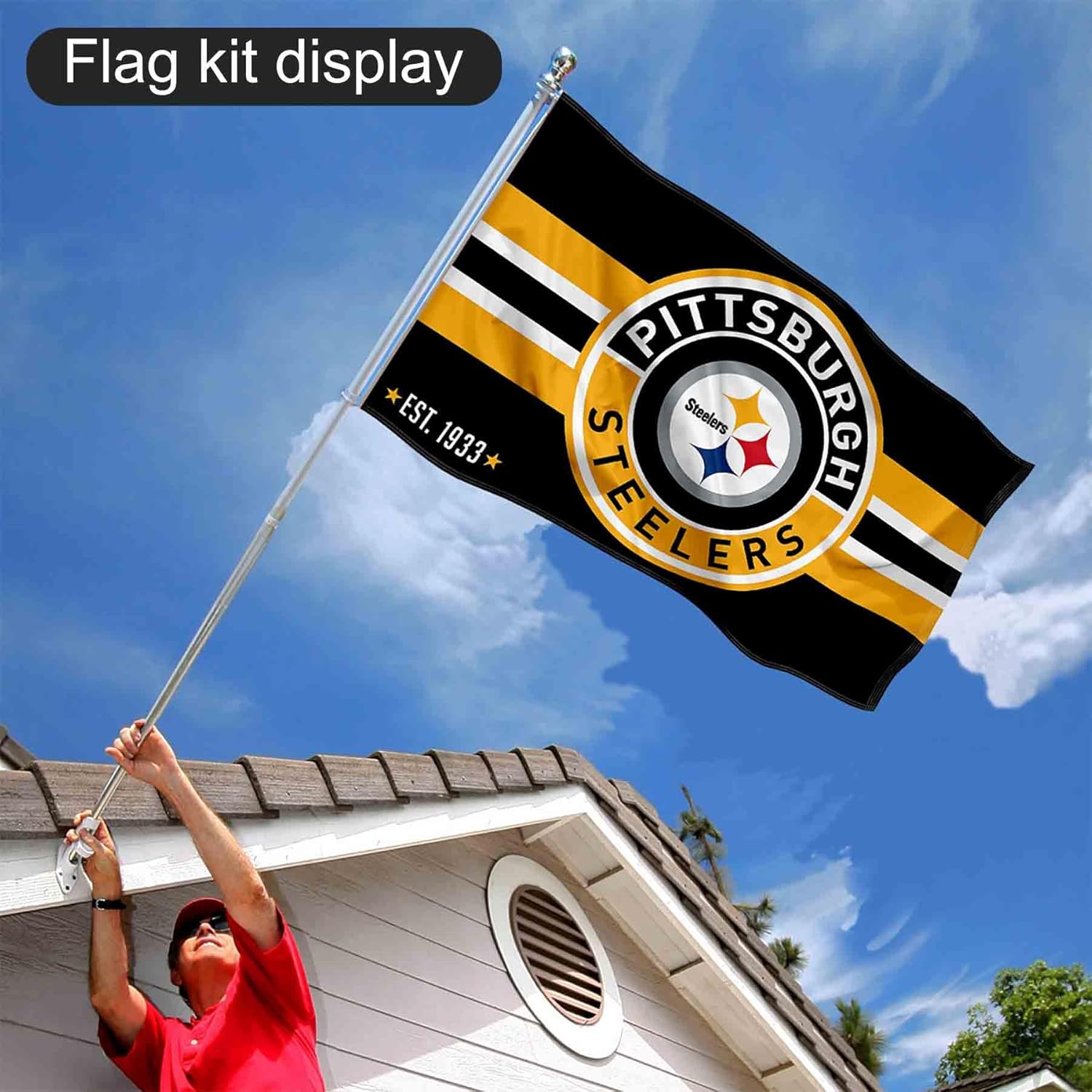 Pittsburgh Steelers Patch Button Flag Pole and Bracket Mount Kit