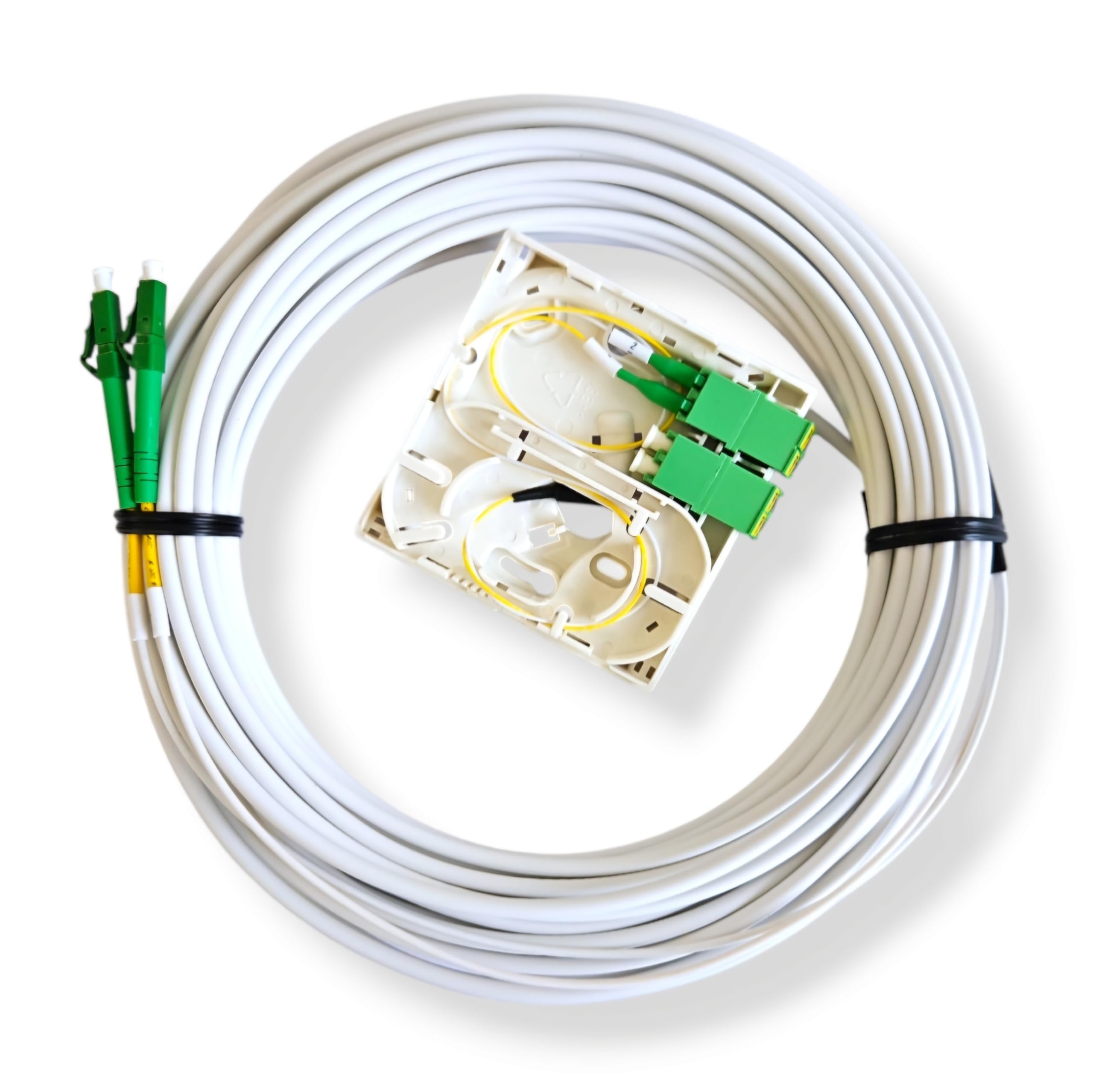 FTTH KIT 10m – vorkonfektioniertes Glasfaserkabel LC/APC 8°, OS2 Duplex Patchkabel weiß, 4,0 mm, G.657.A2 für Router
