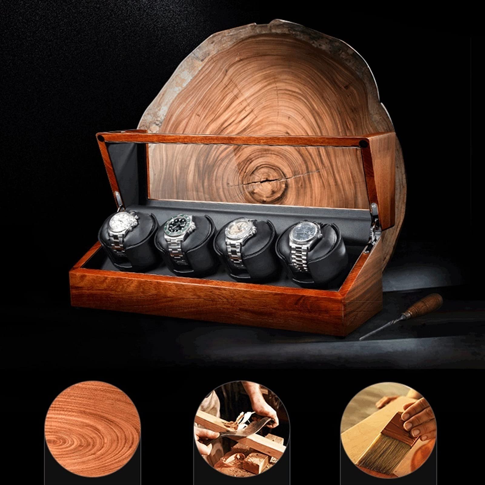 FENOKD Watch Winder Piano Paint + Rosewood Solid Wood Automatic Rotation 3 Slot Watches Winding Display Box
