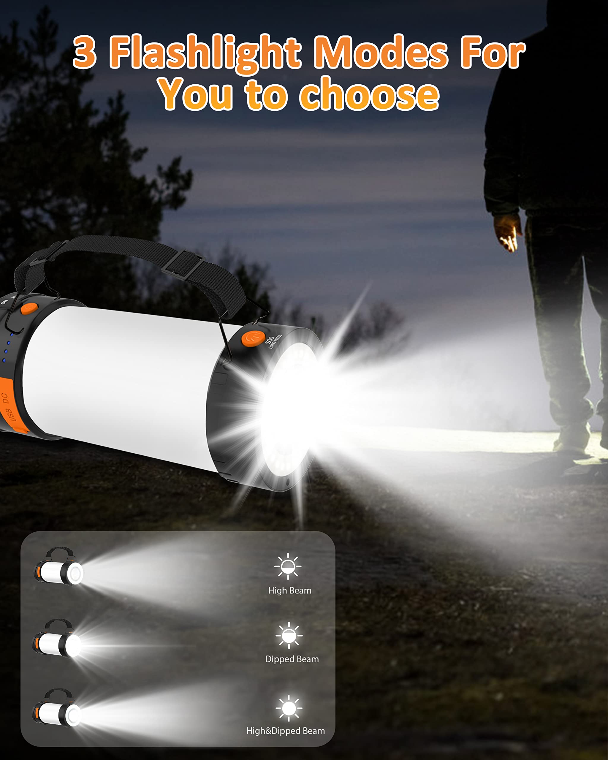 Linterna De Camping Recargable 2000LM, 4 Modos Luz, Batería 4500mAh, Cargador USB