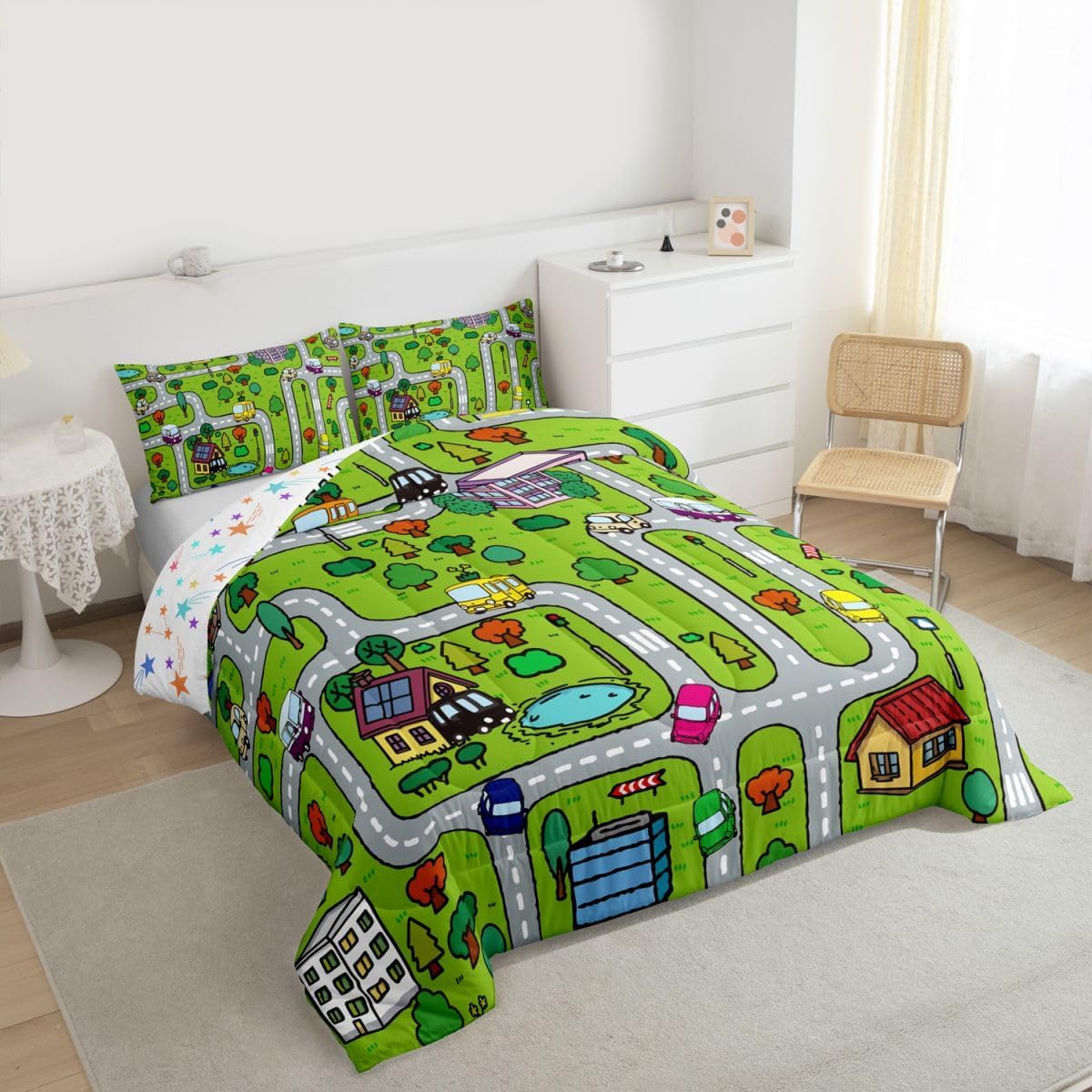 jejeloiu Twin Size Kids Playing Car Bedding Set Boys Girls Road Traffic Comforter Set for Soft Coloful Fun Game Comforter Educational Race Track Duvet Set Room Decor Quilt Boys