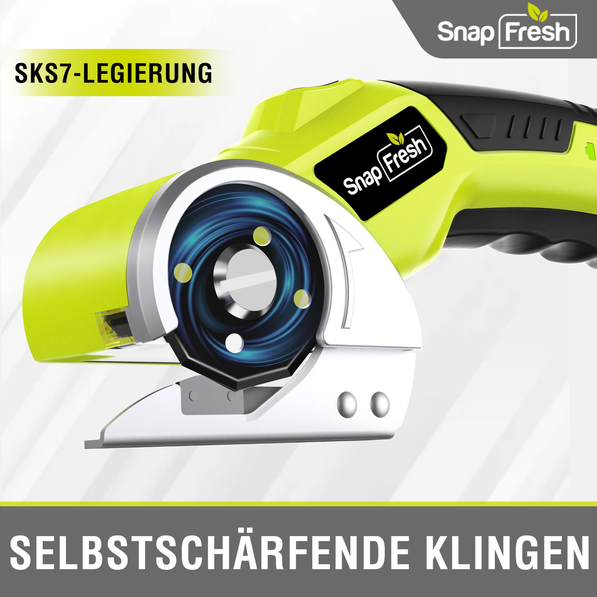 SnapFresh Kartonschneider Akku Elektrische Schere Rollschneider Kabelloser Universalschneider mit 2 Selbstschärfenden SKS7-Klingen & LED-Licht – Schneidet Karton, Papier, Teppich, Leder, Filz, PVC
