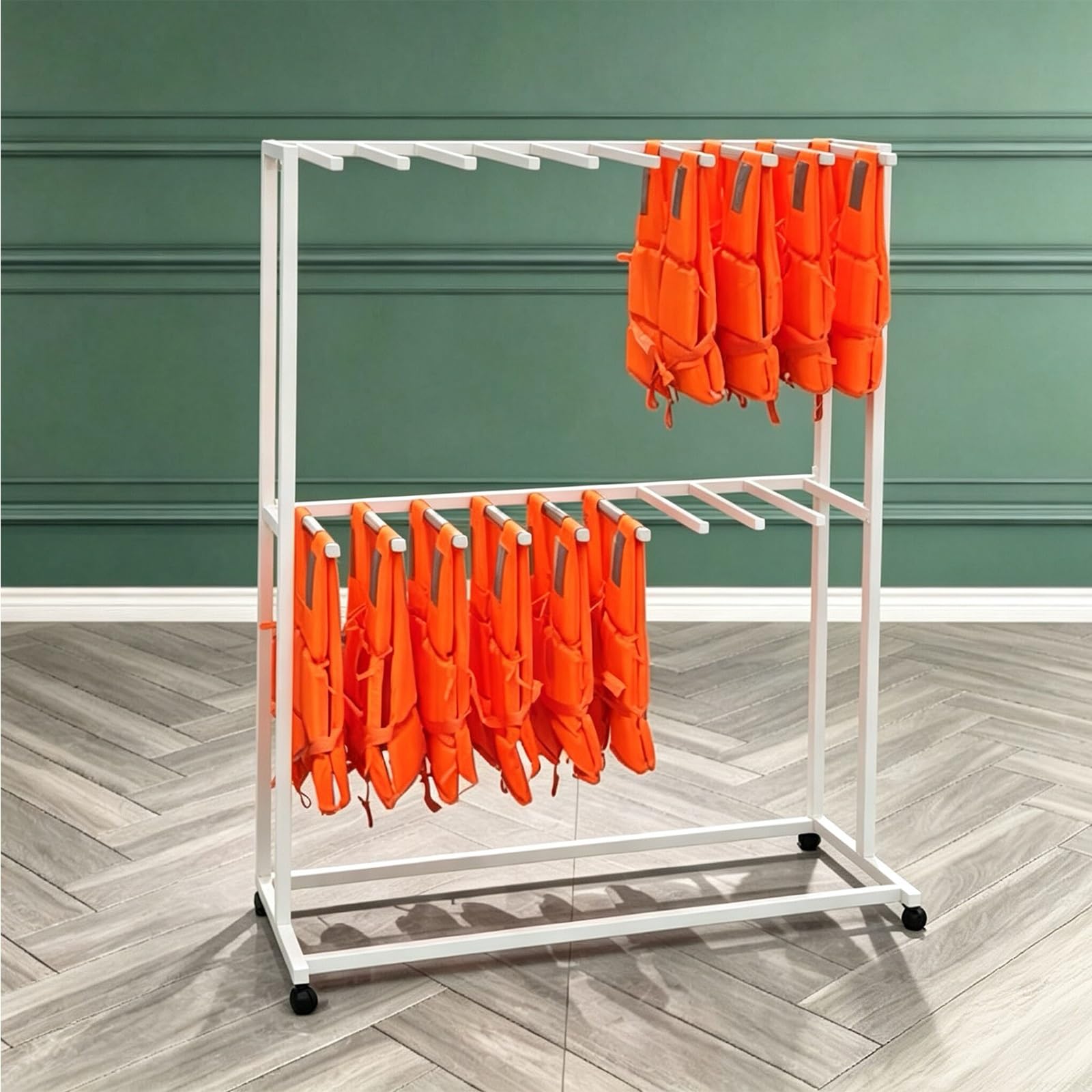 Heavy-Duty Life Vest Holder, 2-Tier Pool Equipment Storage Rack with Swivel Wheels, Freestanding Wetsuit Hanger Vest Hanger for Water Parks Rafting Areas Swimming Pools(White)