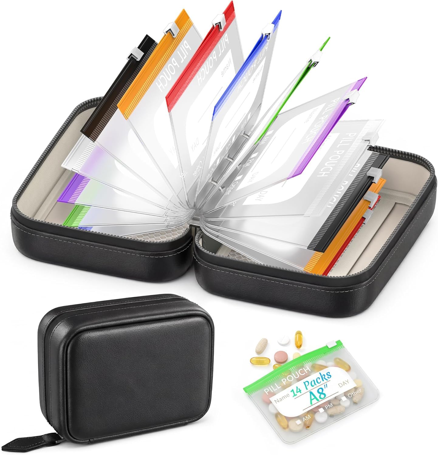 Ensemble de piluliers étanches A8 – Organiseur hebdomadaire étanche avec 14 pochettes à code couleur, organiseur de médicaments de voyage de style classeur pour vitamines, huiles de poisson (vert)