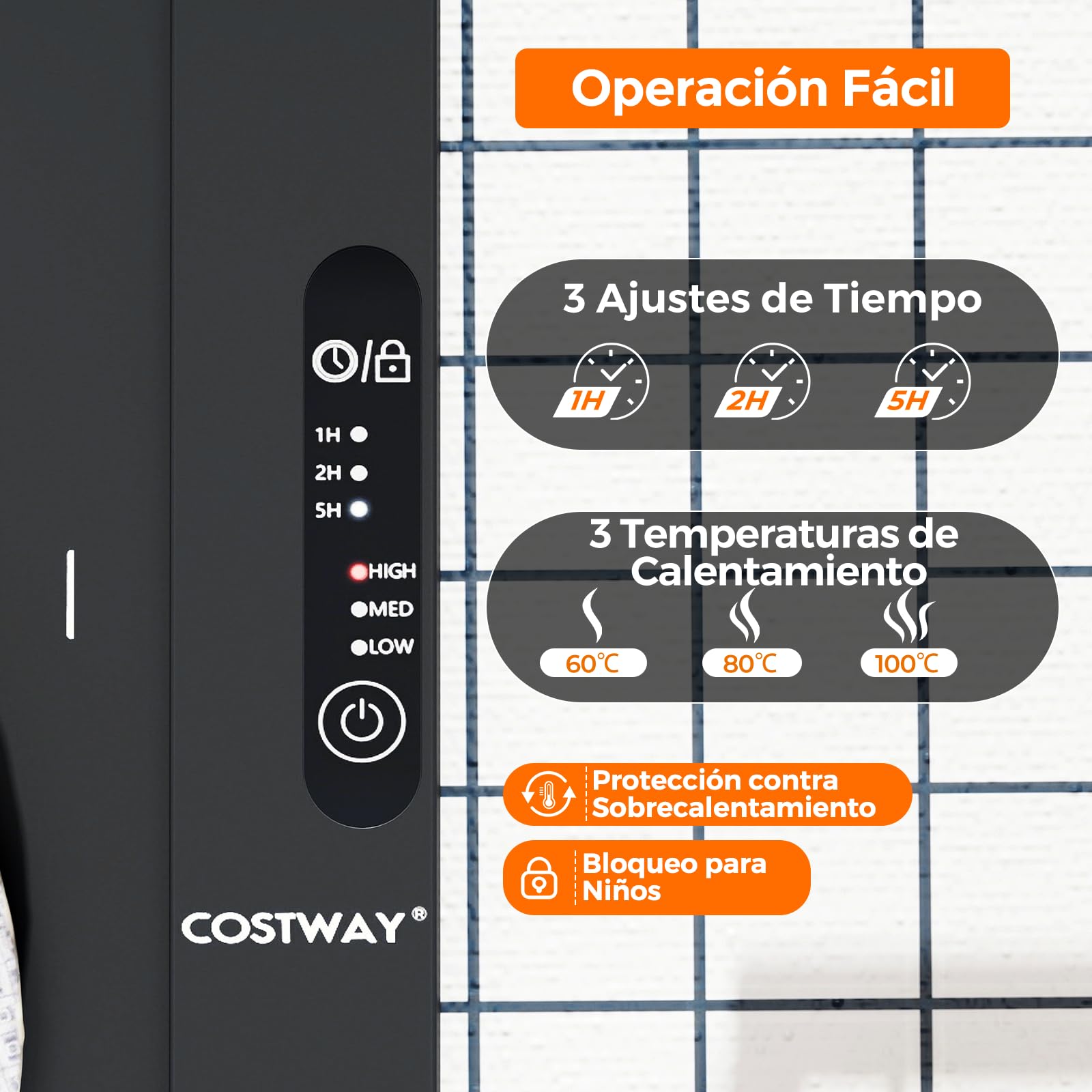 COSTWAY Alfombrilla Calentadora Eléctrica de Silicona, Calentador de Comida Enrollable con Temperatura Ajustable en 60-100℃, Temporizador 5H y Bloqueo Infantil, Portátil para Buffet, Fiesta y Cocina