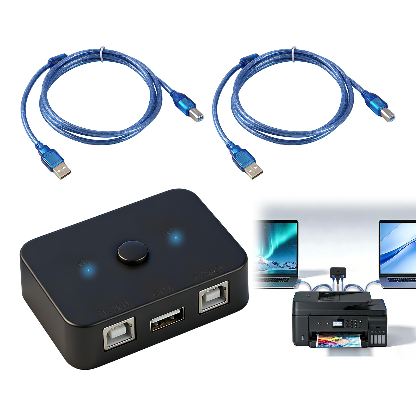 USB Drucker Umschalter 2 PC für effizientes Printer Sharing, USB Switch 2 Port mit elektronischem Schalter, 2×1,5m Druckerkabel inklusive, Plug and Play, ABS Gehäuse, LED Anzeige für Büro