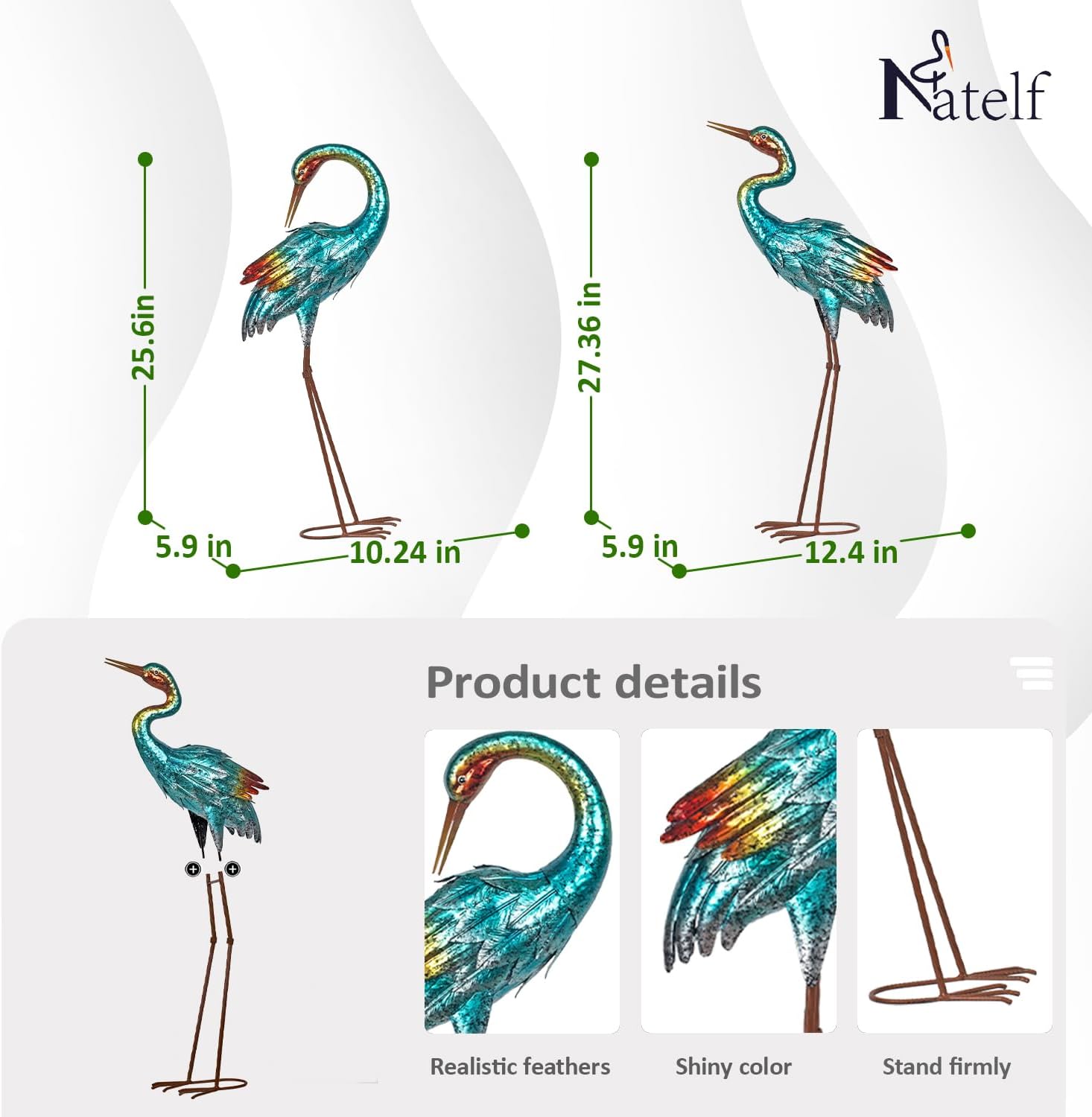 Natelf Crane Statues for Garden Decor, Blue Heron Sculptures, Metal Large Birds Lawn Sculptures & Statue for Patio Pond, Yard Decorations, Set of 2