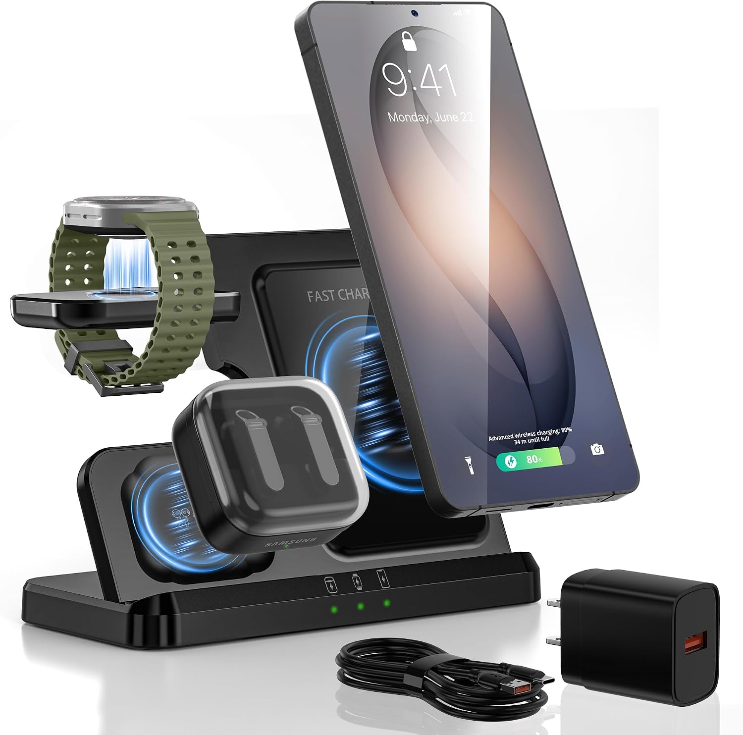 3-in-1 Fast Wireless Charging Station for Samsung Galaxy – Simultaneously Charges Samsung Phone, Watch & Earbuds – Built-in Smart Safety Chip for Overcharge Protection