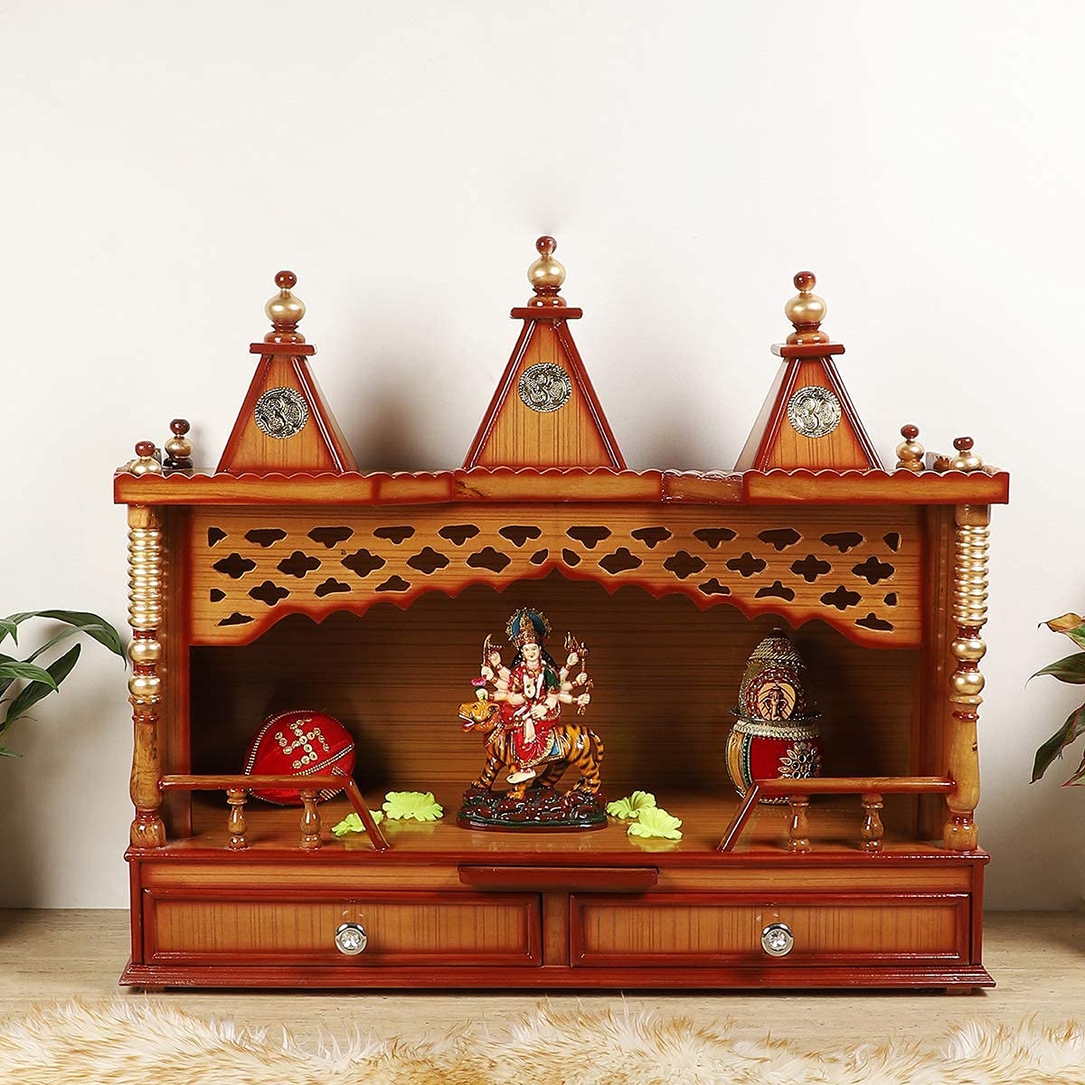 DZYN Furnitures Sunanda Bhawan Large Solid Teak Wood Mandir/Wooden Temple for Home Wall/Pooja Temple/Handcrafted Home Temple/Pooja Stand for Home (Teak Gold)