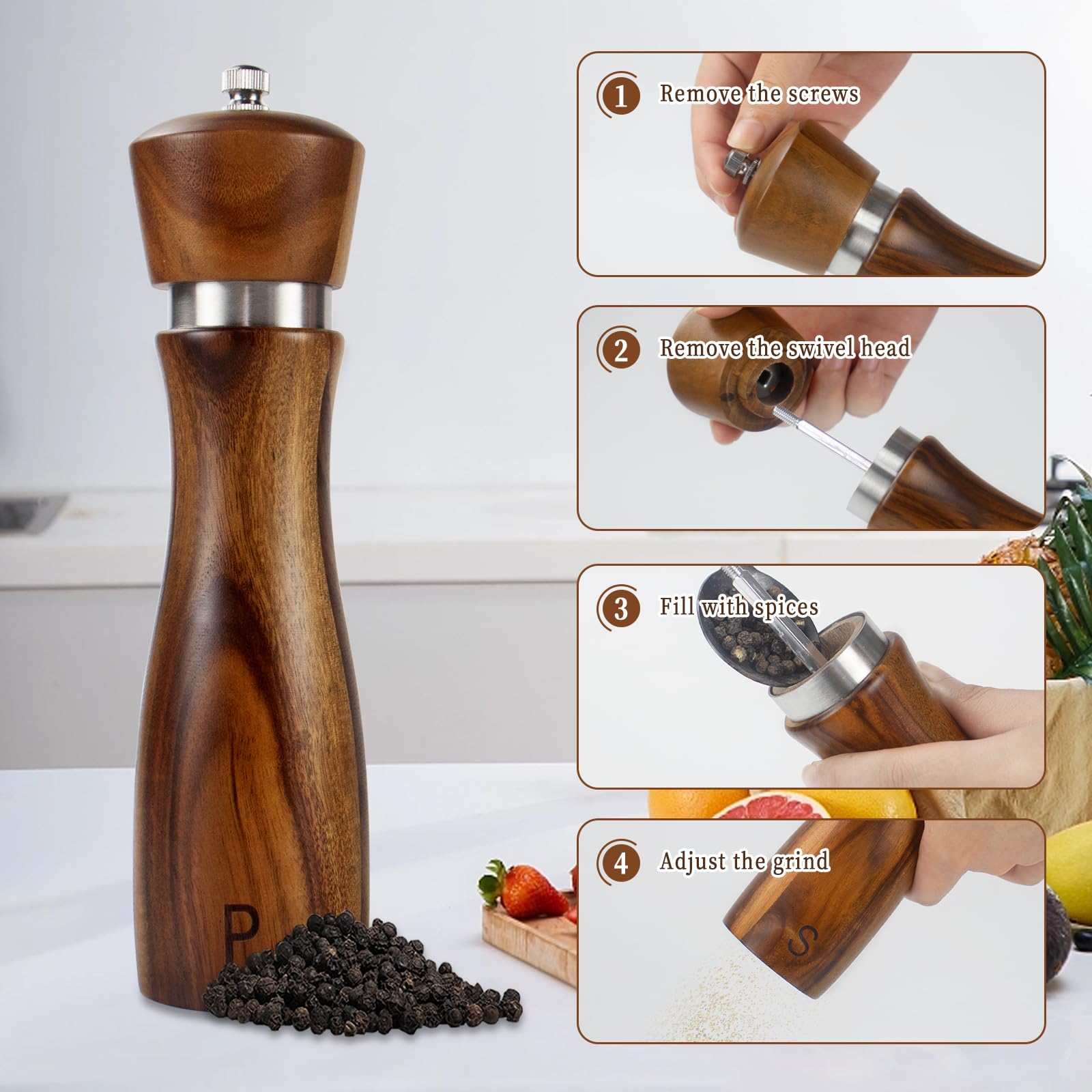 Haomacro Salt and Pepper Grinder Set of 2,8Inch Updated Wooden Pepper Mill Shaker,Modern Oak Wood Salt Mill Pepper Grinder Set Refillable with Adjustable Ceramic Rotor - Image 3