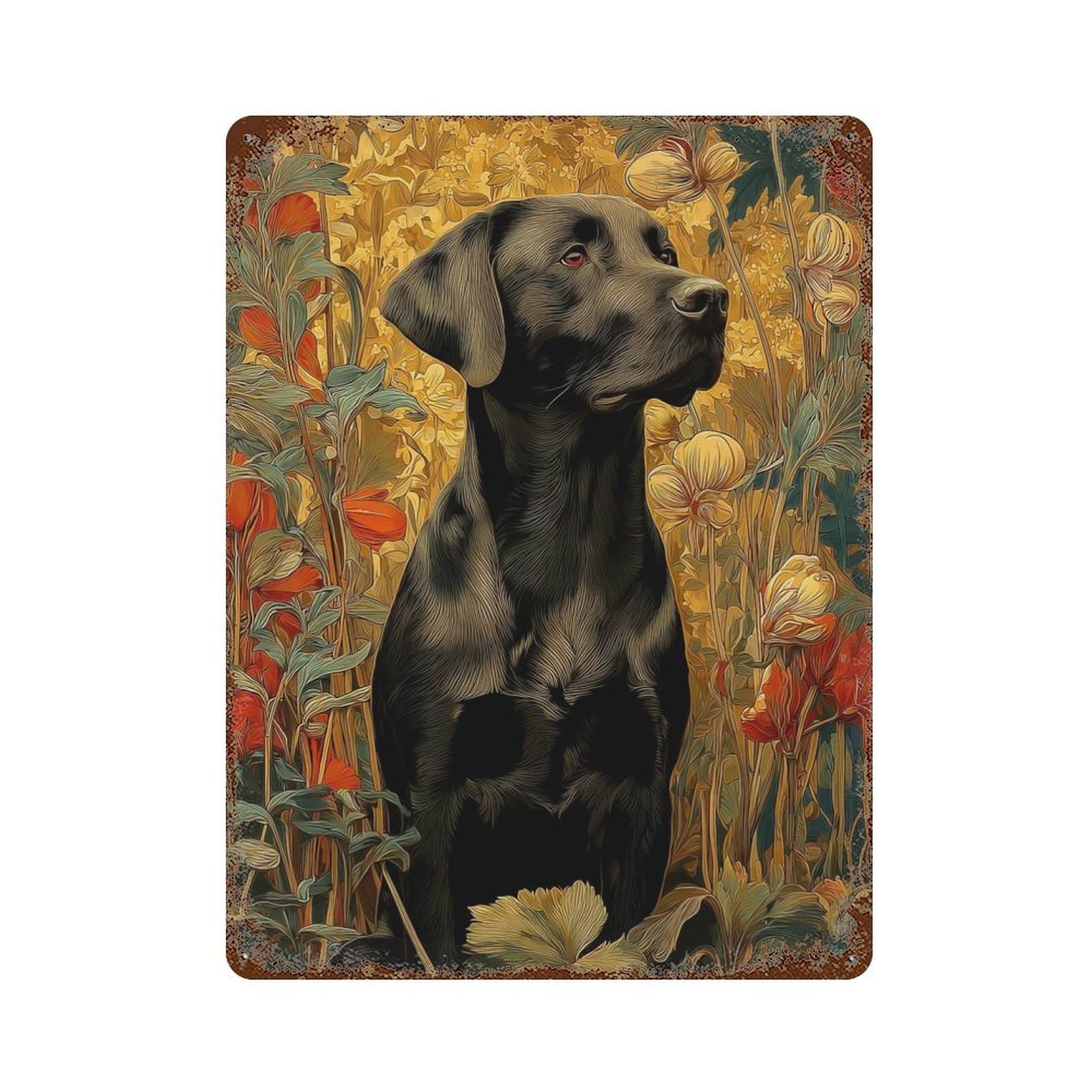 Distressed Metal Wall Sign Black Labrador Portrait in Floral Setting 15.7"x11.8", Decorative Metal Wall Art for Farmhouse, Kitchen And Entryway Decor