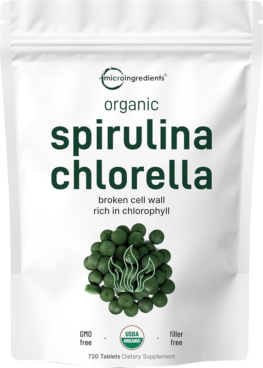 Micro Ingredients Organic Spirulina Chlorella Tablets, 720 Tablets (4 Month Supply) | 50/50 Blend Superfood | Cracked Cell Wall for Better Absorption | Rich in Vegan Protein & Chlorophyll