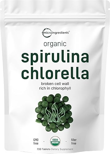 Tabletas de espirulina de Chlorella orgánica 3000 mg por porción 720 unidades suministro de 4 meses superalimento de mezcla 5050 sin relleno sin